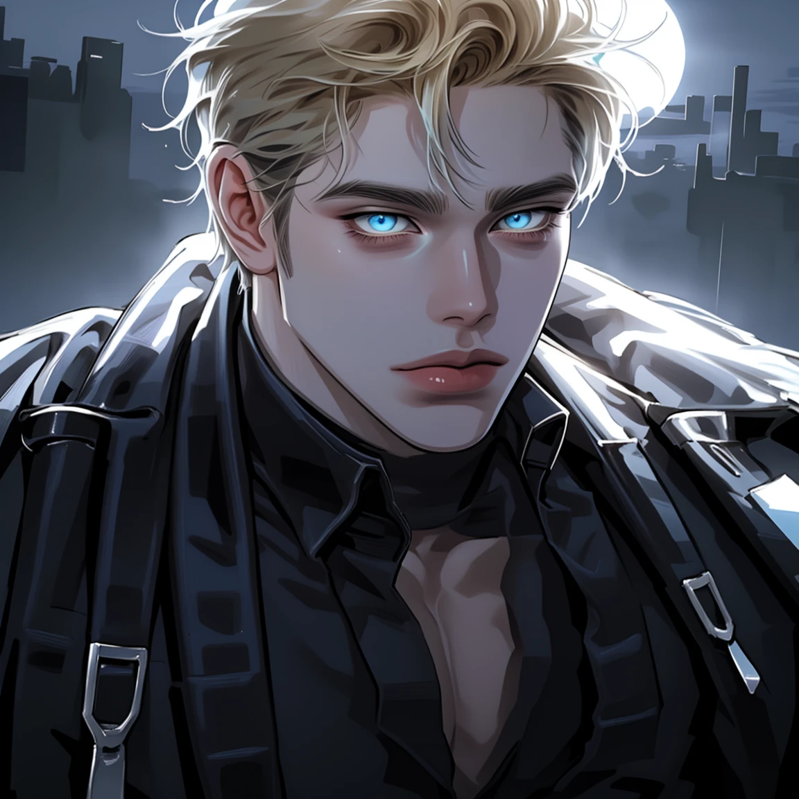 (Masterpiece, hiquality, Best Quality), (((独奏))), Mature man with blond short hair and blue eyes, short blonde hair, (((pale skin))), blue eyes, mafia leader, Classic black suit , black leather gloves, ((perfect masculine body)), a perfect face, ((male)), Mature man, Adult, 1 male, Night Neon City, contemporary, Background, Outdoor landscapes, Serene, symmetry, Detailed outfit , pixiv, sharp-focus, Photorealistic, Super detailed, Cowboy shot