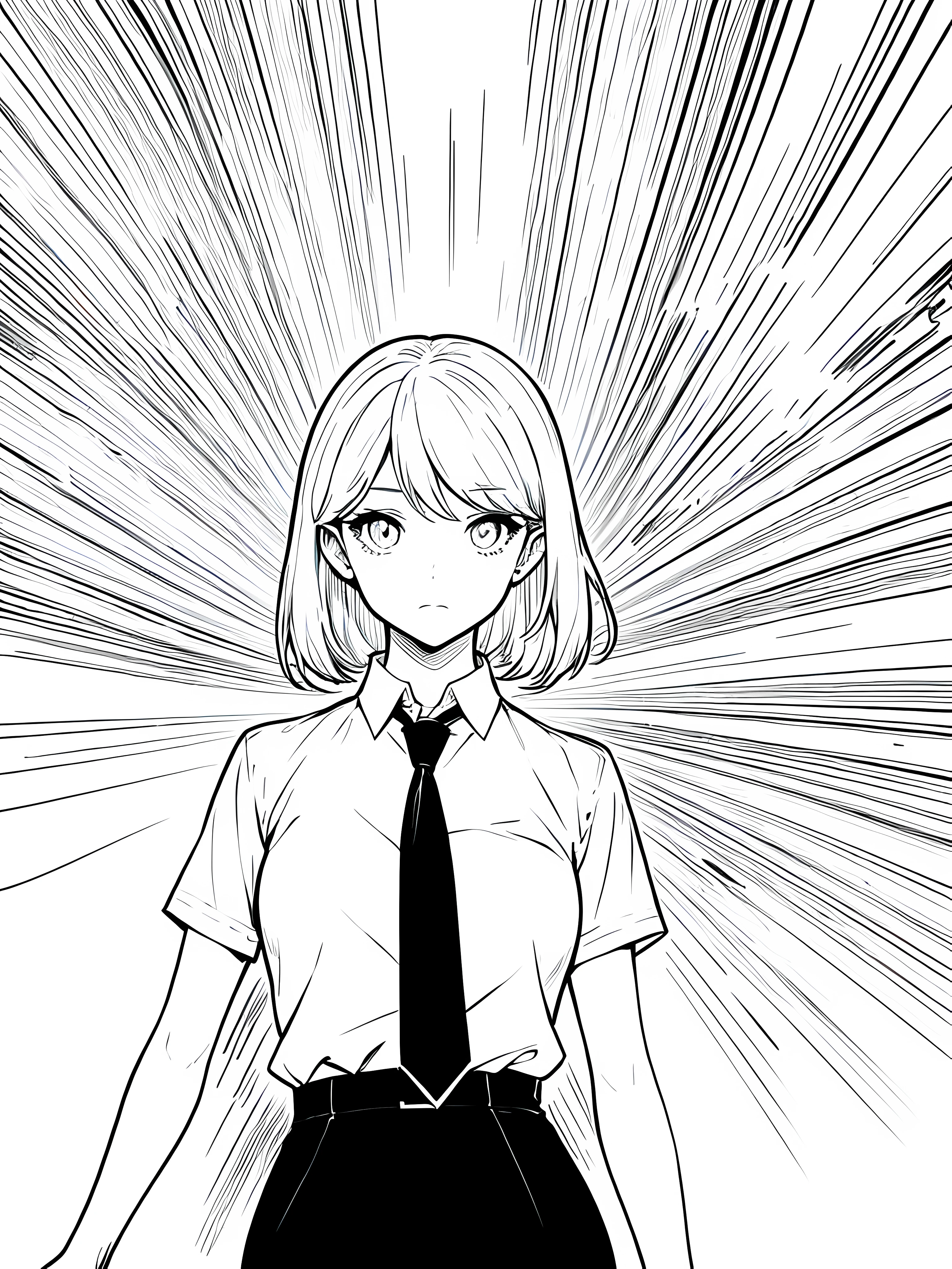 1woman, age 18, solo, alone, masterpiece, wearing pencil skirt, neck tie, white shirt, short sleeves, detailed, high quality, no background, clear background, plain white background, lineart, manga, manga art, comic, black and white art, monochrome