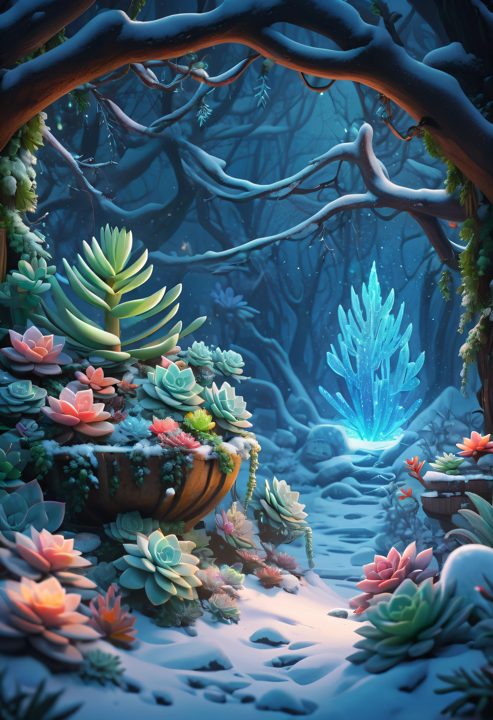tmasterpiece,Best quality,high high quality,The content is very detailed,8K,(Close-up of succulents:1.5),Fantastic snow and ice jungle,ice witch,Colorful ice magic,Glowing Elves,Natural elements in the forest theme,Colorful snow and ice jungle,Epic fantasy art style,Delicate leaves and branches are surrounded by fireflies(nature elements),(Jungle theme),(leafs),(tree branch),(glowworm),(particle effect)and other 3D, Octagon rendering,ray traycing,Super meticulous,Depicting the harmony between man and nature
