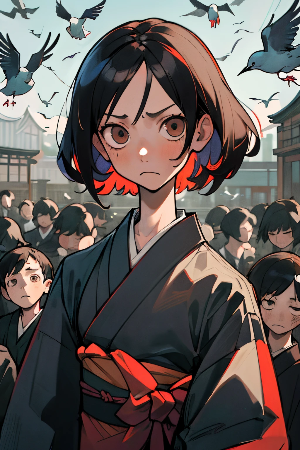 (Best Quality, masutepiece), (1boy, 1girl in, Face-to-face:1.1), anxious expression、Upper body, A dark-haired、Kimono、Countless birds、Hordes of birds