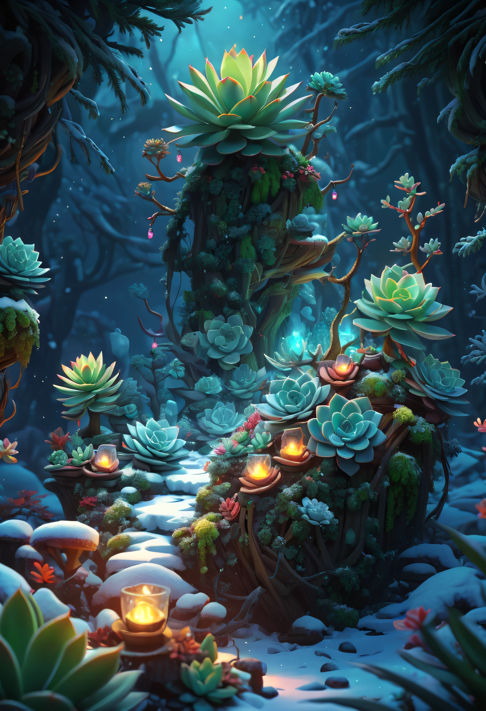 tmasterpiece,Best quality at best,high high quality,The content is very detailed,8K,(Close-up of succulents:1.5),Fantastic snow and ice jungle,ice witch,Colorful ice magic,Glowing Elves,Natural elements in the forest theme,Colorful snow and ice jungle,Epic fantasy art style,Delicate leaves and branches are surrounded by fireflies(nature elements),(Jungle theme),(leafs),(tree branch),(glowworm),(particle effect)and other 3D, Octagonal rendering,Ray traching,Super meticulous,Depicting the harmony between man and nature