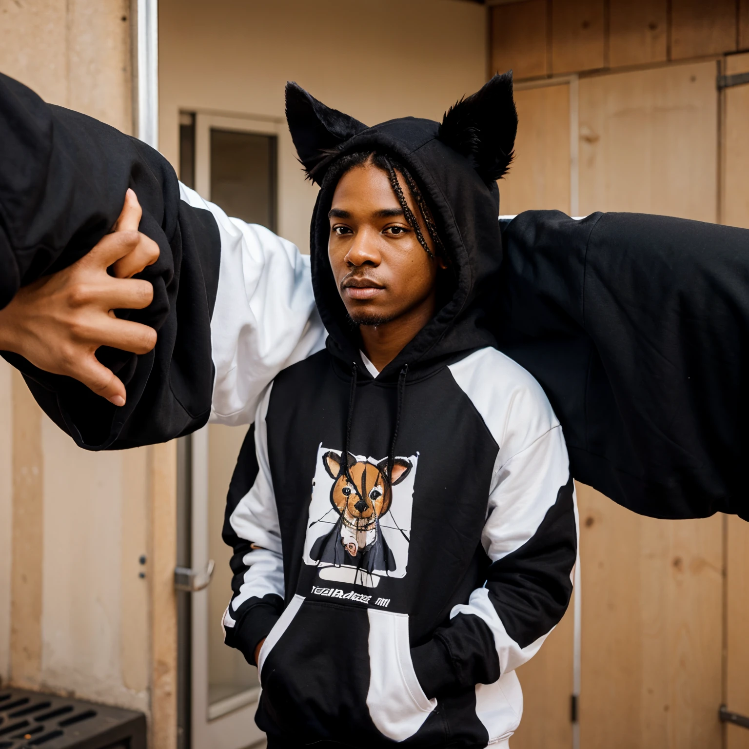 Create a black cartoon character with an animal themed hoodie