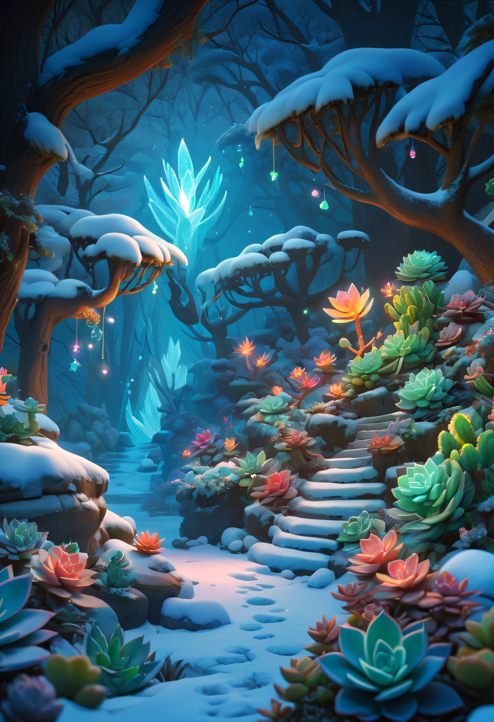 tmasterpiece,Best quality at best,high high quality,The content is very detailed,8K,(Close-up of succulents:1.5),Fantastic snow and ice jungle,ice witch,Colorful ice magic,Glowing Elves,Natural elements in the forest theme,Colorful snow and ice jungle,Epic fantasy art style,Delicate leaves and branches are surrounded by fireflies(nature elements),(Jungle theme),(leafs),(tree branch),(glowworm),(particle effect)and other 3D, Octagonal rendering,Ray traching,Super meticulous,Depicting the harmony between man and nature