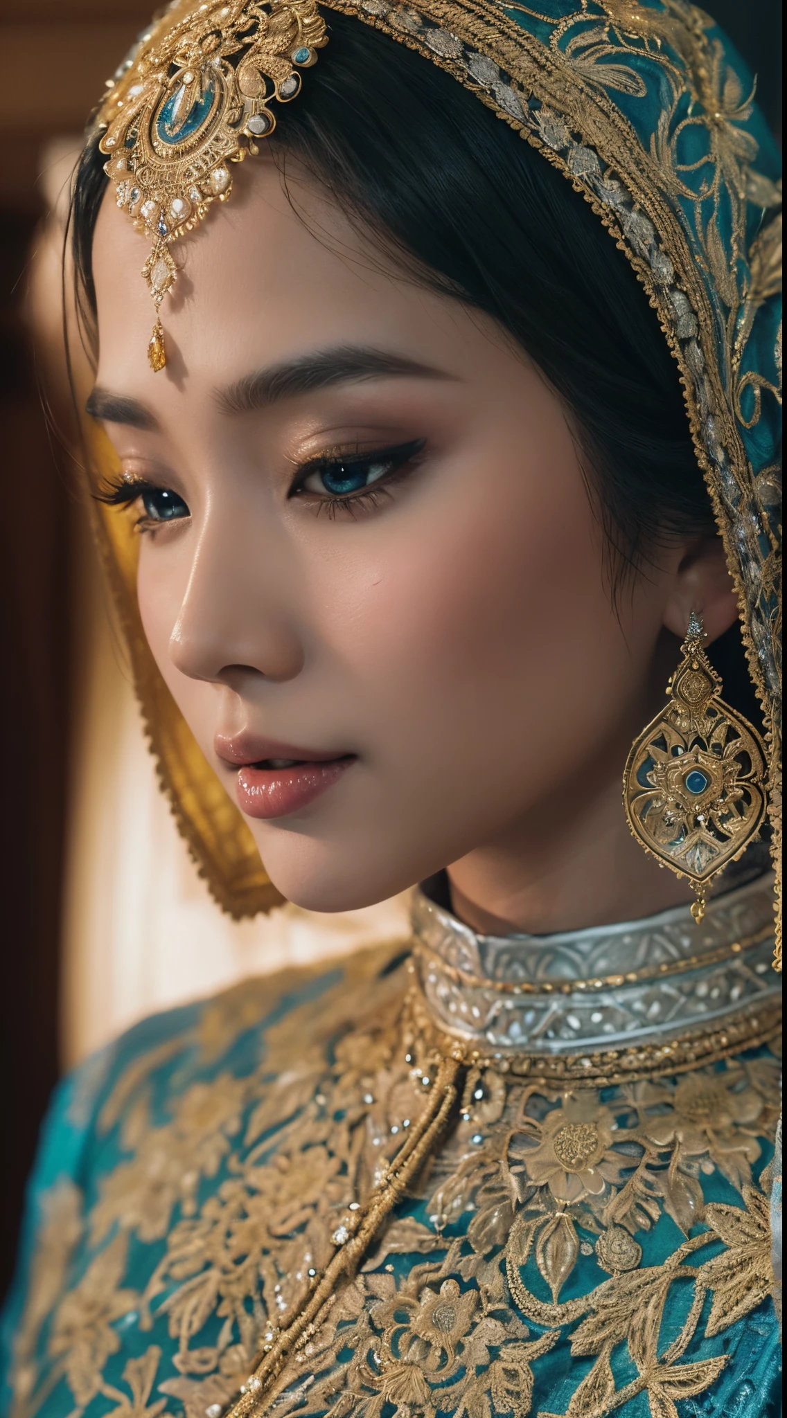 Capture the beauty of a Malay bride dressed in a resplendent traditional songket wedding attire. The bride, adorned in a stunning blue songket kebaya or baju kurung, wears a blue hijab with intricate embroidery and gold or silver threads. Ensure the songket fabric showcases its rich and intricate patterns, and accentuate the bride's jewelry and accessories. Create soft, warm lighting that enhances the details of the attire and conveys the elegance and cultural significance of the moment. The background should reflect the ambiance of a traditional Malay wedding ceremony, style raw, pastel color grading, Super 8mm lense, Extreme close-up, Deep Focus cinematography effect.