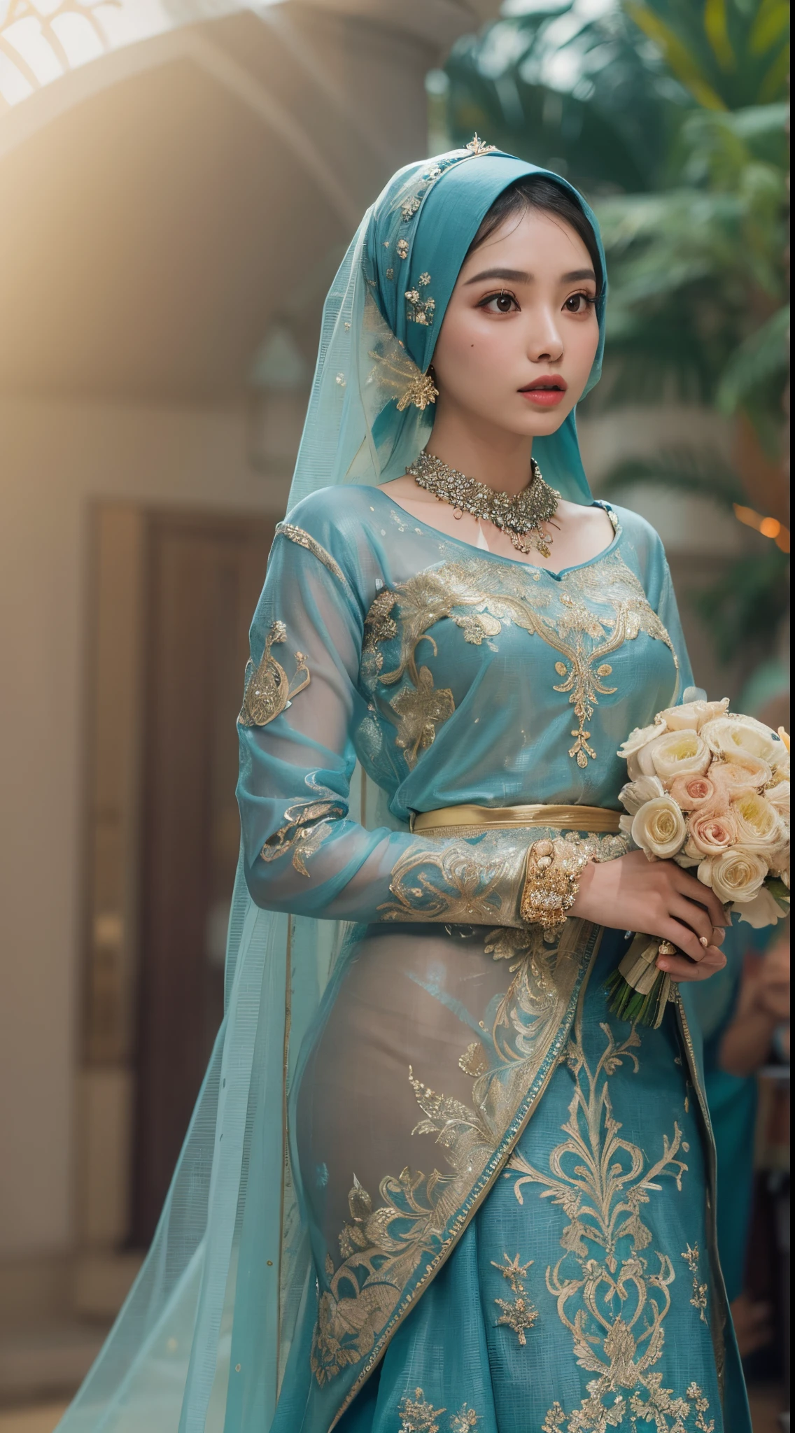 Capture the beauty of a Malay bride dressed in a resplendent traditional songket wedding attire. The bride, adorned in a stunning blue songket kebaya or baju kurung, wears a blue hijab with intricate embroidery and gold or silver threads. Ensure the songket fabric showcases its rich and intricate patterns, and accentuate the bride's jewelry and accessories. Create soft, warm lighting that enhances the details of the attire and conveys the elegance and cultural significance of the moment. The background should reflect the ambiance of a traditional Malay wedding ceremony, style raw, pastel color grading, Super 8mm lense, Extreme close-up, Deep Focus cinematography effect.