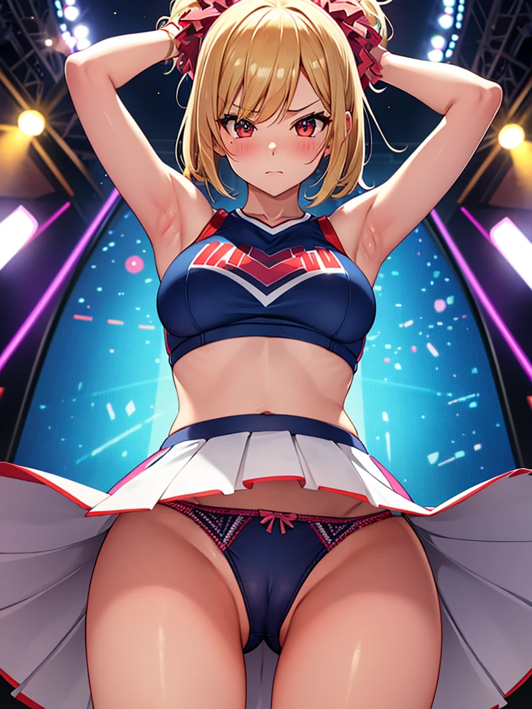 masutepiece, A cheerleader with a sexy figure is dancing energetically on the stage, I turn around and see my butt, surrounded by many spectators, I'm embarrassed to have my panties seen from below., Panties with a wide area of cloth, Panties with cute patterns, I'm blushing, pissed off, Watching the viewer, Skirt of medium length, Her skirt is rolled up and her panties are all visible.,