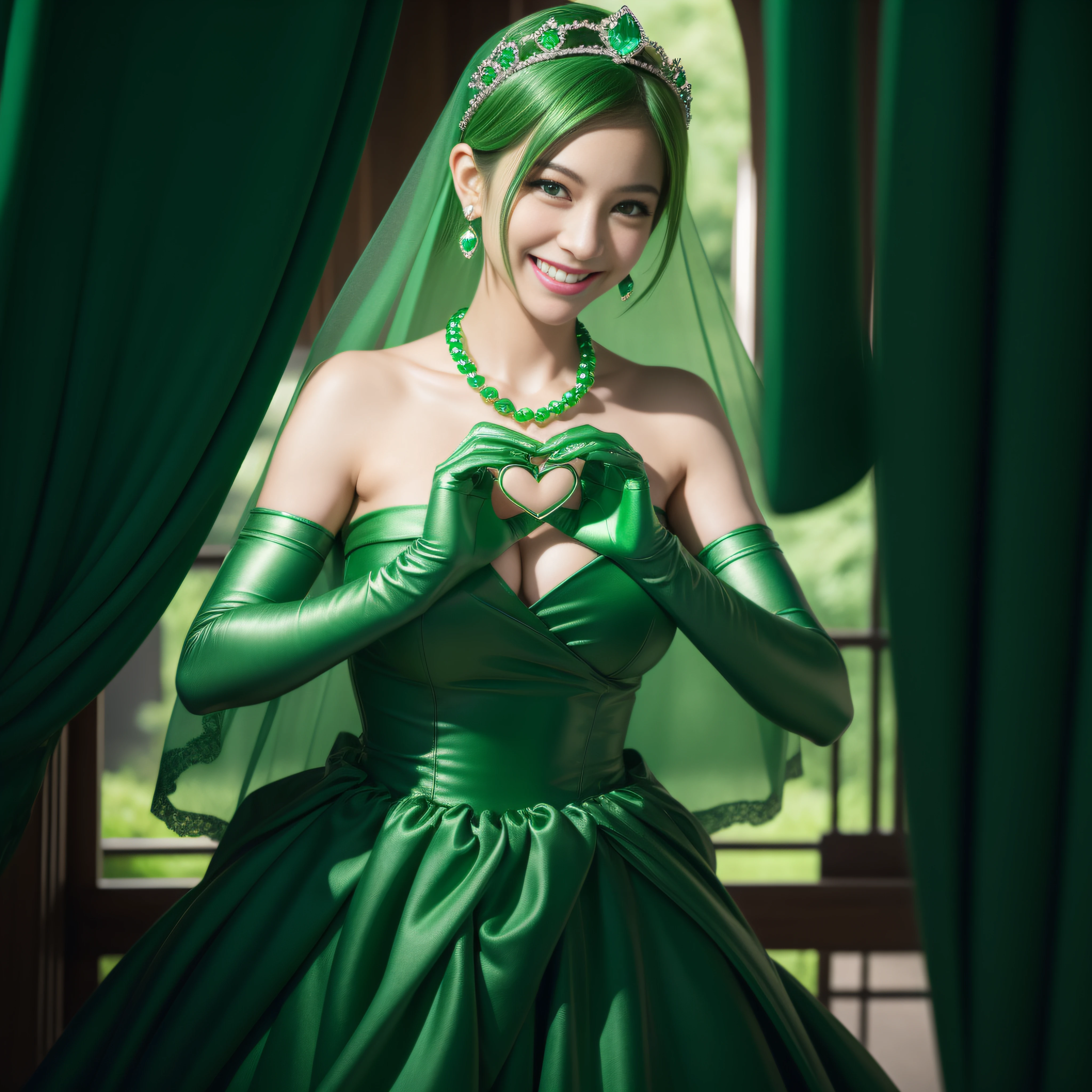 emerald tiara, Green Pearl Necklace, Boyish very short green hair, lipsticks, Japan woman smiling, very short short hair,  big breasts beautiful, Green eyes, Long green gloves made of satin material, Green eyes, Emerald Earrings, green vale, Heart with both hands