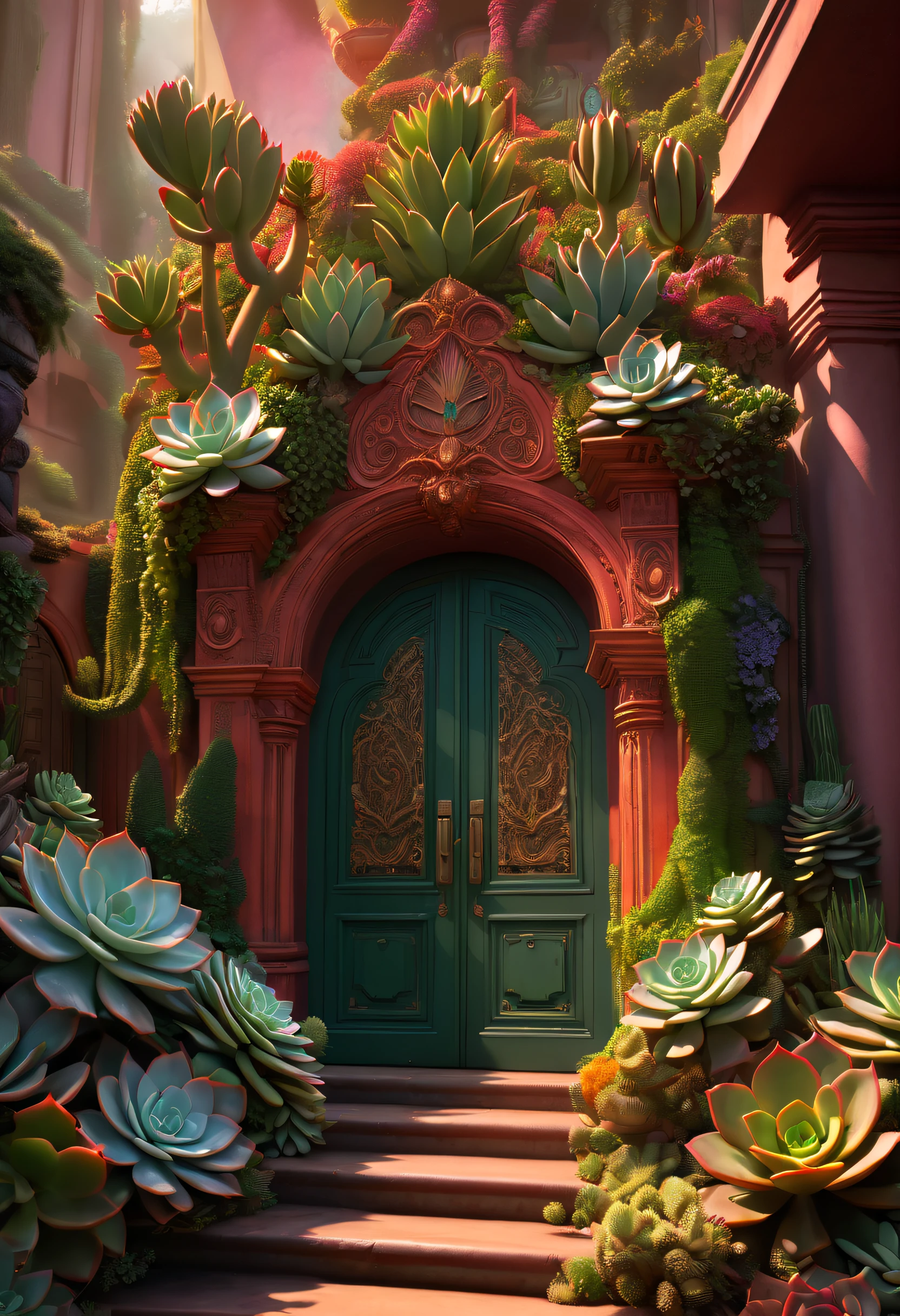 (Close-up of succulents:1.5),There is a big succulent plant growing at the door, 🌺 Computer Graphics Society, dramatic entry, Lush foliage and magical details, Art Nouveau octane rendering, a portal to the lost flame realm, Inspired by David LaChapelle, Inspired by Guillermo del Toro, Probably & magia, David La Chapelle, very surreal garden, 3D amazing details, marc adamus