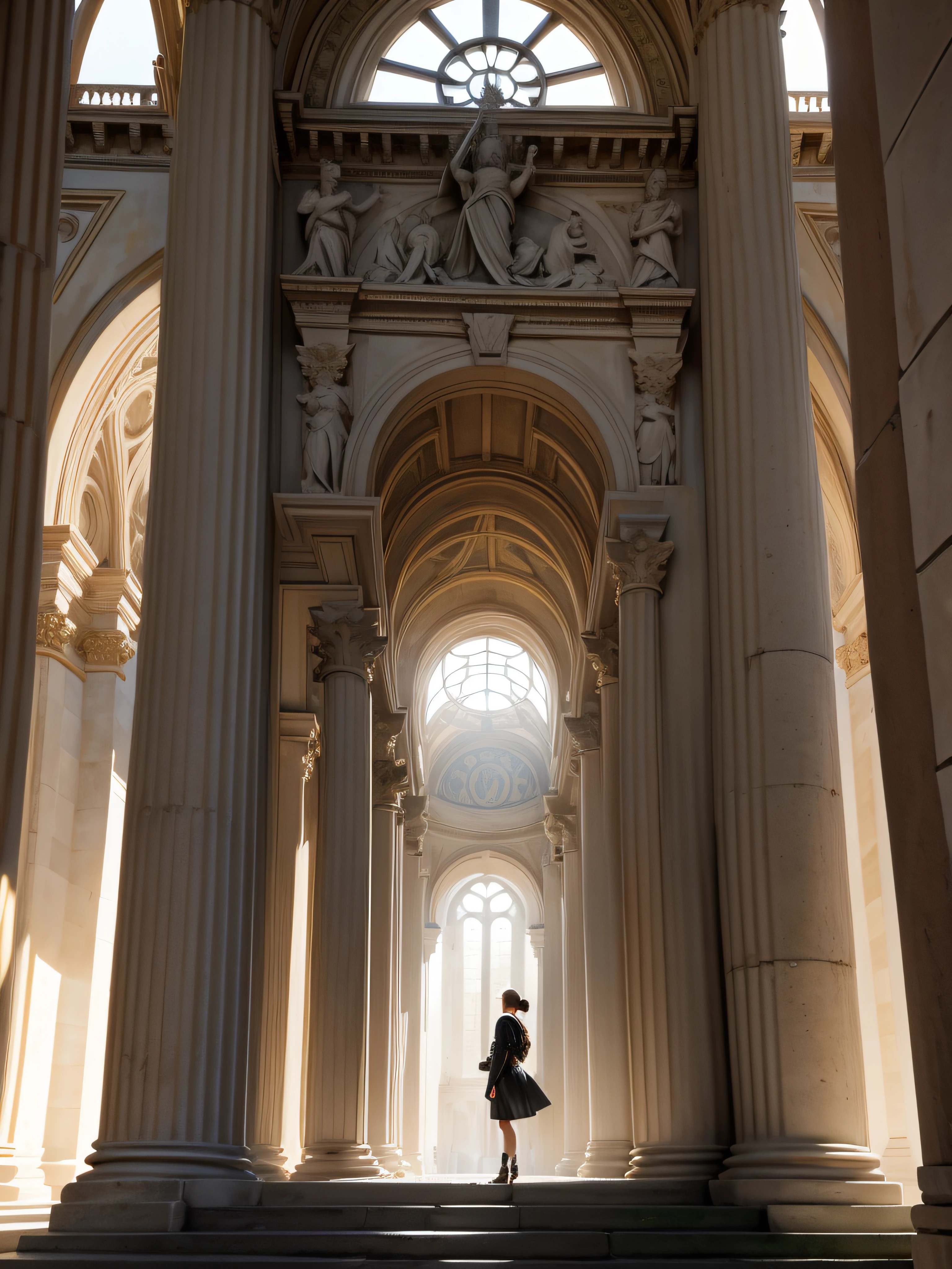 magnifique：Kristin Kreuk with ponytail and green eyes en pantalon de cuir noir et blouson de cuir jaune devant un immense temple grec imposants、Grand espace et atmosphère solennelle, Cloître aux piliers en pierre：Le cloître représentant les piliers de pierre entourant le Temple d'Arès, dieu de la Guerre.