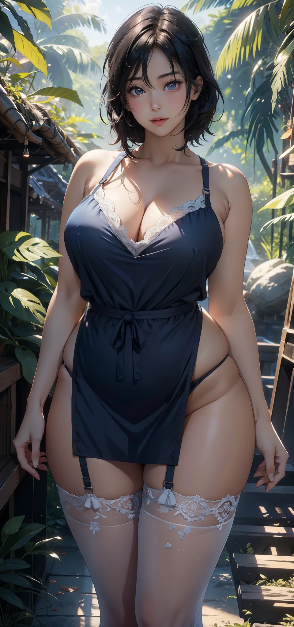 1female,25 age old,Large breasts,long leges,big chest and thin waist,a little bit chubby, photo exposure, 独奏,(Background with:at a forest,the rainforest,in summer) She has short black hair,The stands up,seen from the front, curlies, The sky is mostly cloudy,(((tmasterpiece),(Very detailed CG unified 8k wallpaper),Best quality,电影灯光,detailed back ground,beautidful eyes,Bright pupils,(very delicate beautiful),(Beautiful and detailed eyes description),ultra - detailed,tmasterpiece,)),facing at the camera,A high resolution,ultra - detailed),Expose breasts exposed,Bare genitals, Pubic hair is large,The lower body protrudes,Camel toes,(dressed in:Blue transparent apron,lace panty)nakeness,