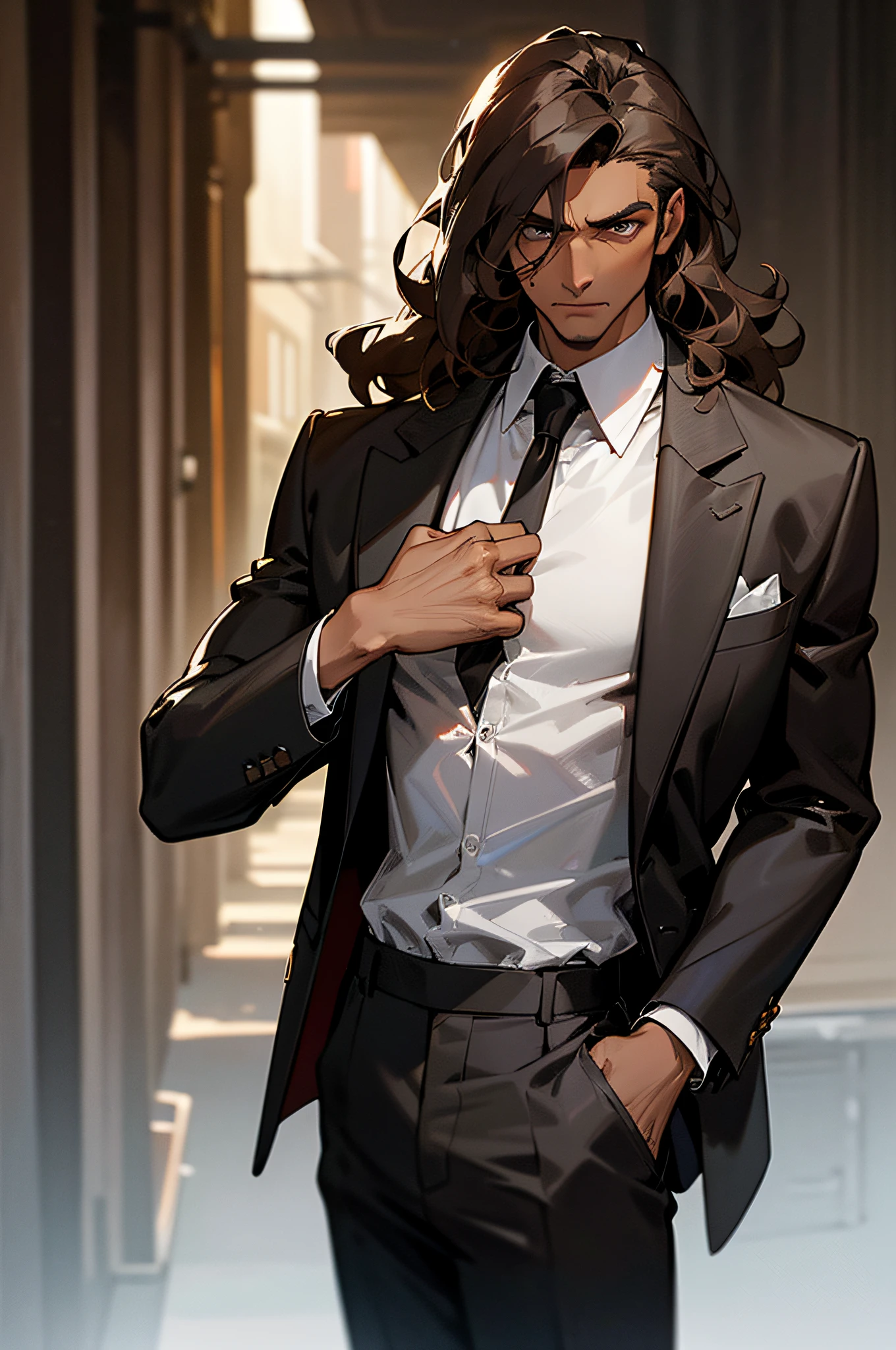 Male, Muscular, Brown skin, long brown curly hair, Dark suit pants, black suit jacket,Layered over a white shirt, urban backdrop, Night, in dark alley, Realistic, 8K, illusory engine, Highly detailed, Octane rendering,
