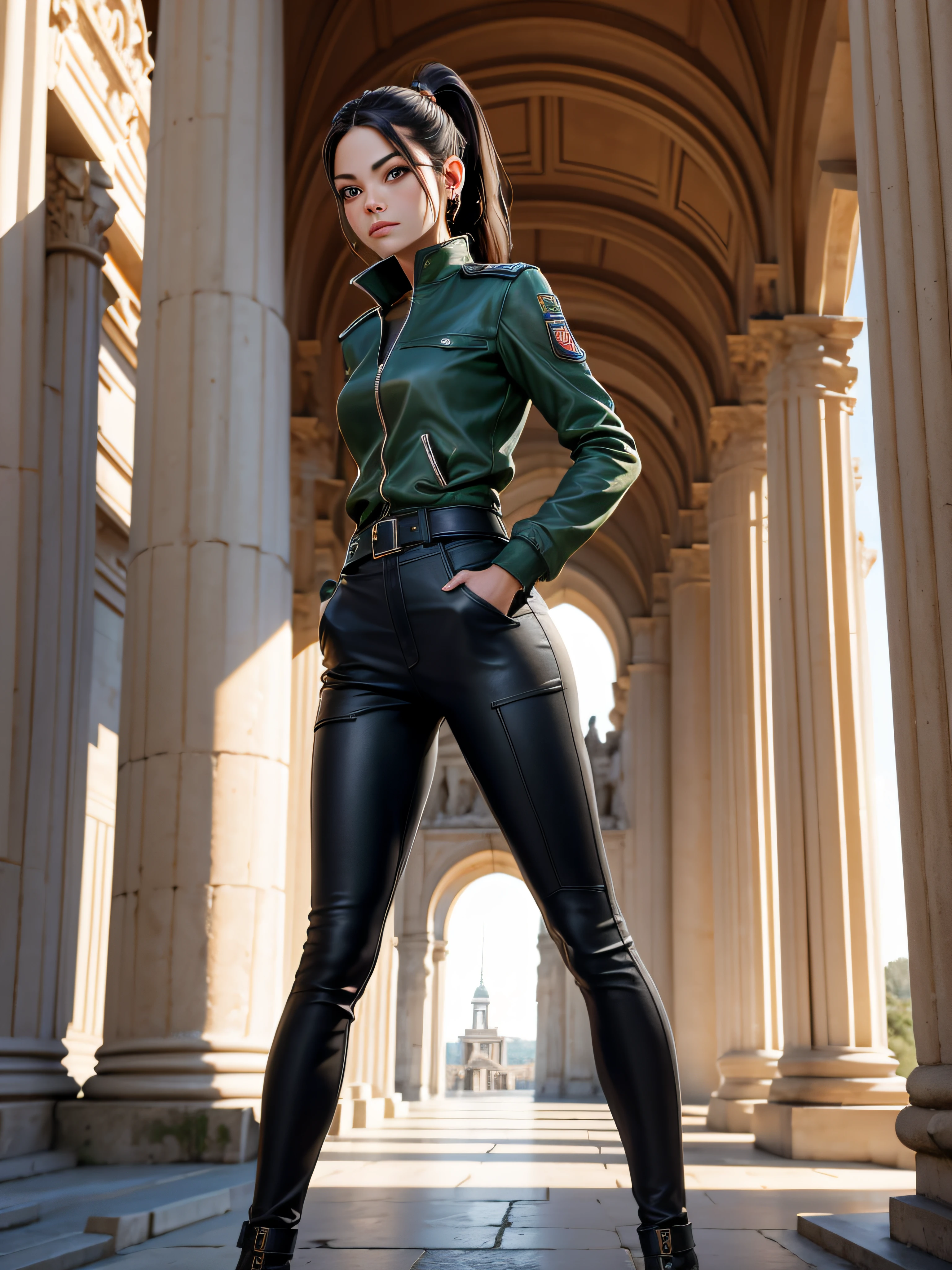 magnifique:Kristin Kreuk with ponytail and green eyes en pantalon de cuir noir et blouson de cuir jaune devant un immense temple grec imposants、Grand espace et atmosphère solennelle, Cloître aux piliers en pierre:Le cloître représentant les piliers de pierre entourant le Temple d'Arès, dieu de la Guerre.