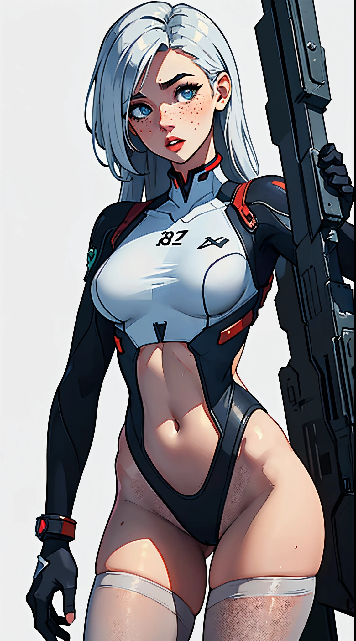 (((Young White Woman))), ((Best Quality)), ((Masterpiece)), (Detail: 1.4), 3D, A Beautiful Cyberpunk Woman with Simon Bisley-style micro thong, Genesis evangelion neon style clothing, 2-piece clothing, Long silver hair, arm tatoo, cybernetic hands, pastel, Centered, scale to fit the dimensions, nffsw (High dynamic range),Ray tracing,NVIDIA RTX,Hyper-Resolution,Unreal 5,Subsurface Dispersion, PBR Texture, Post-processing, Anisotropy Filtering, depth of fields, Maximum clarity and sharpness, Multilayer textures, Albedo and specular maps, Surface Shading, accurate simulation of light and material interactions, Perfect proportions, Octane Render, Two-tone lighting, Wide aperture, Low ISO, White Balance, thirds rule, 8K Raw, Crysisnanosuit,loraeyes,nijistyle,pantyhose, freckles, nsfw, sexual pose ,High detailed, 300dpi, pornstar, ((((white background))), (((sexy pose))), (((flirt))), Blue eyes
