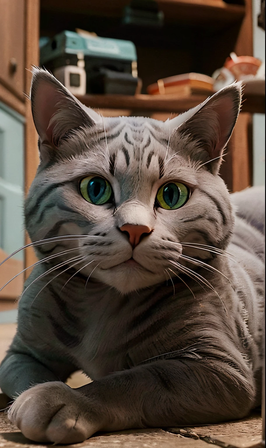 Gray cat, a closeup of a, is looking at the camera, lies half-turned