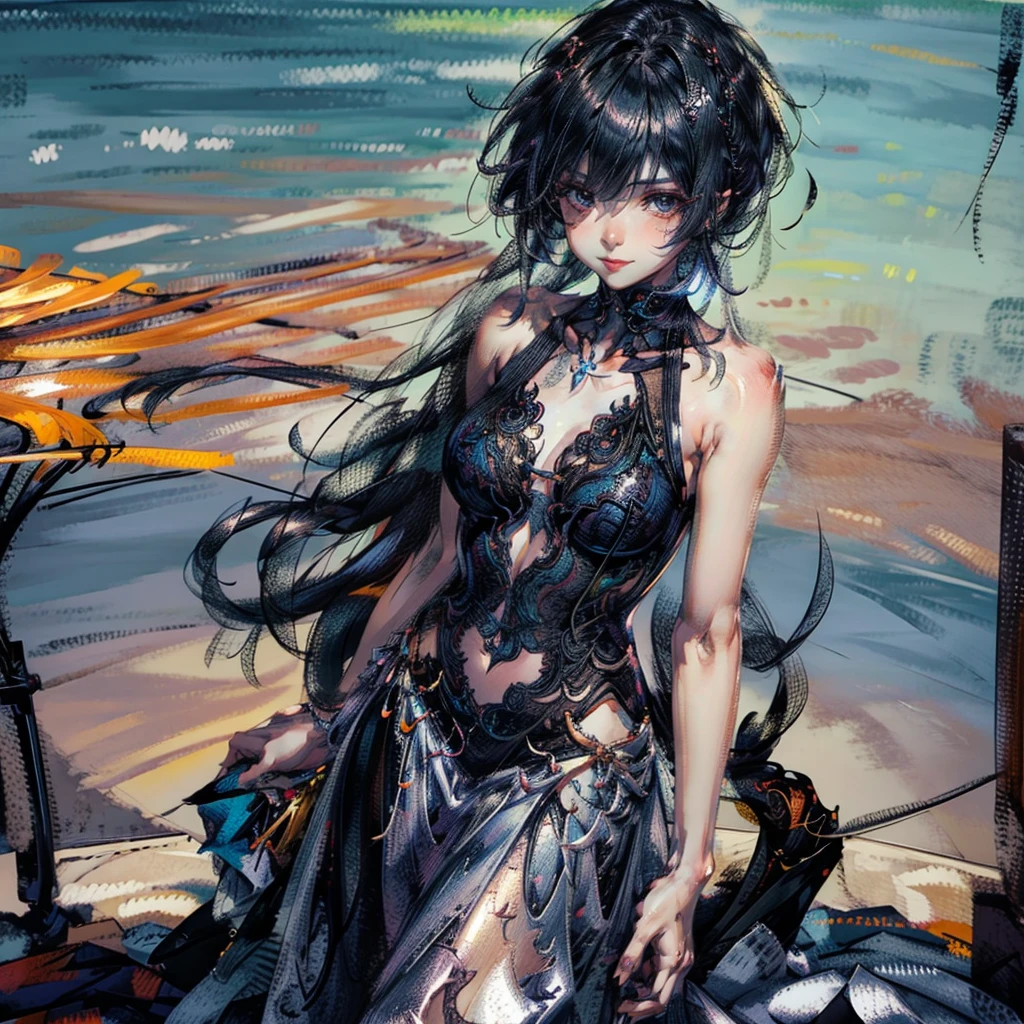 masutepiece, Best Quality, eye line, eyeshadows, Looking at Viewer, Curve, (Full body shot) in the (Drino Buddies D15:0.8) Wearing (Party Wear:1.2), 1girl in, Solo, Long hair, Soft breasts, Smirk, Sleeveless, Bangs, blush, Clothes Cutout, Long hair, Shiny skin, Outdoor seating in the square, Cloudy sky, Upper body, Ultra-detailed, Illustration,