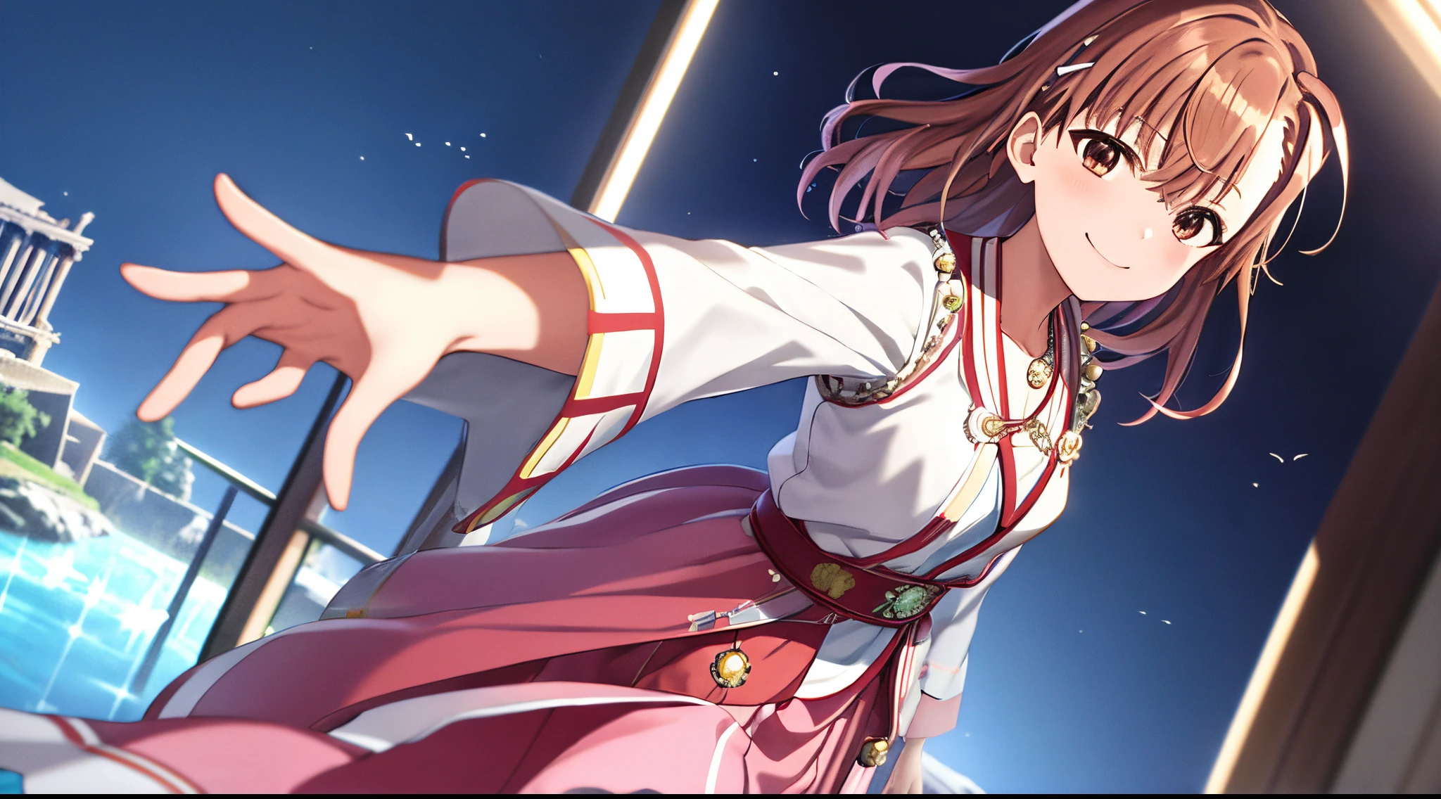 Anime view of Misaka mikoto, 1girl, teen girl, kawaii, solo, chestnut hair, hairpin,brown eyes, standing, looking at viewer,smile,saint robe with beads,praying beads on neck, long skirt,white marbled greek Acropolis waterfalls,rainbow clouds,anime style,deep depth of field,wide angle view,Lumen Reflections,Screen Space Reflections,Diffraction Grading,Chromatic Aberration,GB Displacement,Scan Lines,Ray Traced,Anti-Aliasing,FXAA,TXAA,RTX,SSAO,Shaders,OpenGL-Shaders,GLSL-Shaders,Post Processing,Post-Production,cell Shading,Tone Mapping,CGI,VFX,SFX,insanely detailed and intricate, 4K
