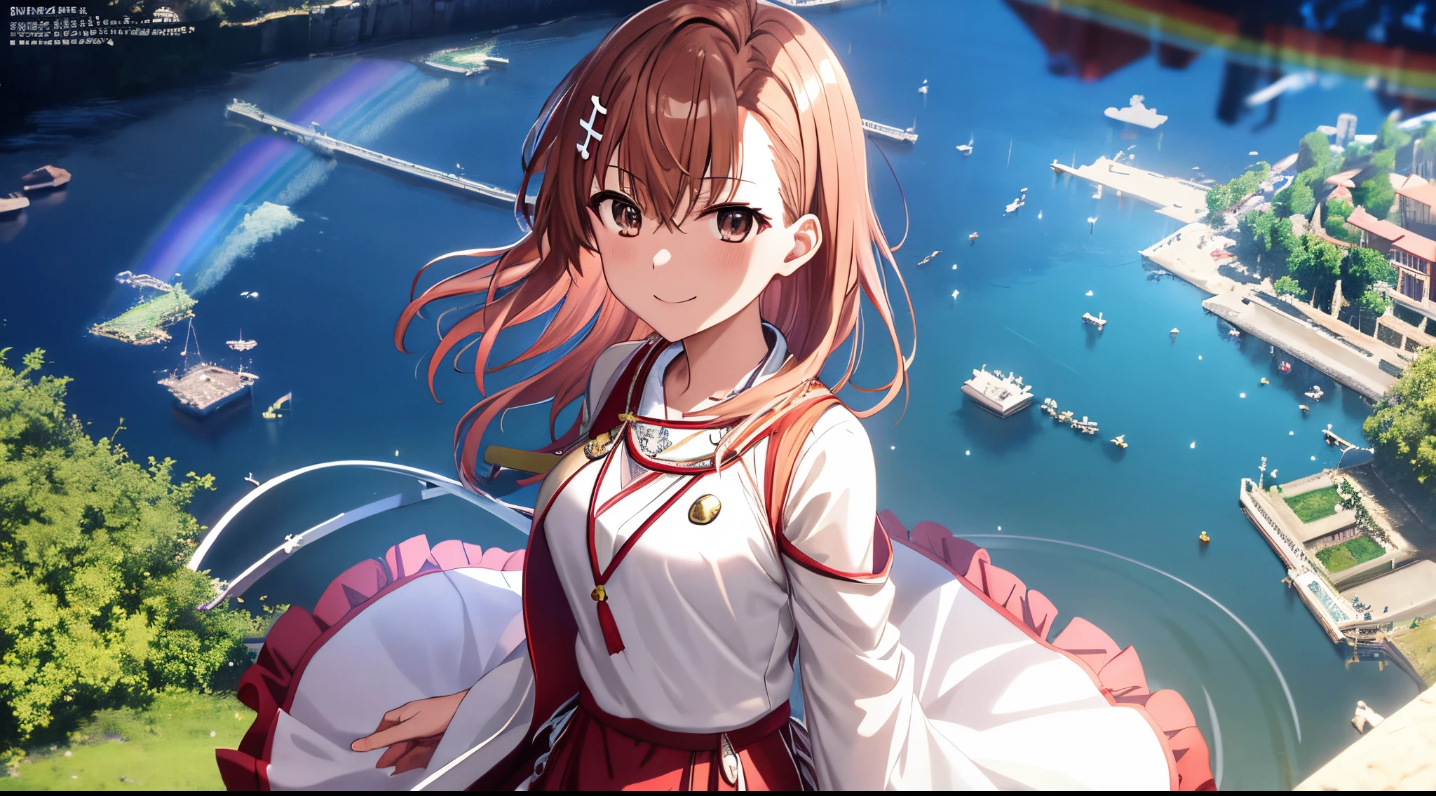 Anime view of Misaka mikoto, 1girl, kawaii, solo, chestnut hair, hairpin,brown eyes, standing, looking at viewer,smile,saint robe with beads,praying beads on neck, long skirt,white marbled greek Acropolis waterfalls,rainbow clouds,anime style,deep depth of field,wide angle view,Lumen Reflections,Screen Space Reflections,Diffraction Grading,Chromatic Aberration,GB Displacement,Scan Lines,Ray Traced,Anti-Aliasing,FXAA,TXAA,RTX,SSAO,Shaders,OpenGL-Shaders,GLSL-Shaders,Post Processing,Post-Production,cell Shading,Tone Mapping,CGI,VFX,SFX,insanely detailed and intricate, 4K