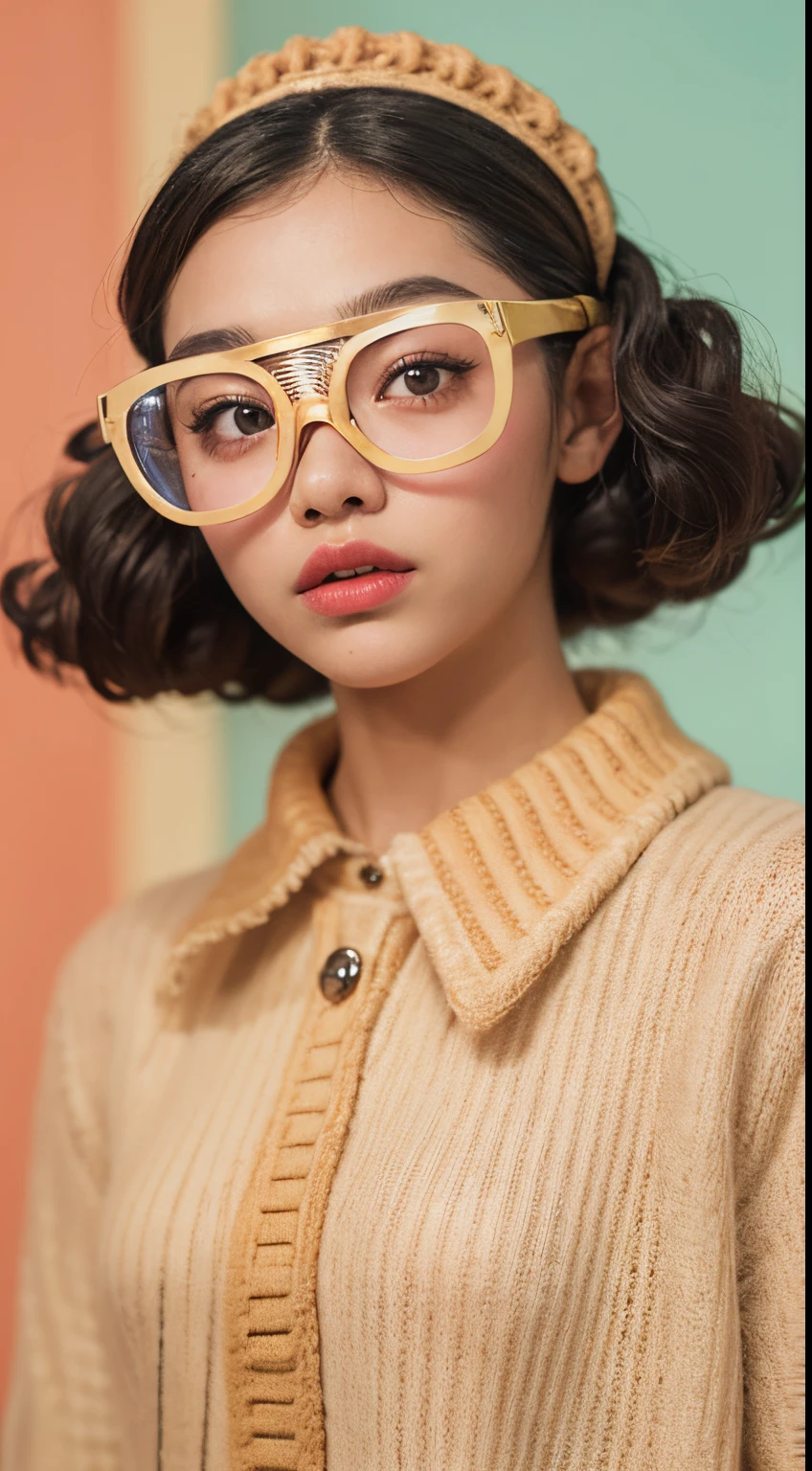 Vogue style photo shoot of malay teenage girl as character wonder women from the movie wonder women with pastel colored background in Wes Anderson style, hyper - realistic photography, Wes Anderson style, full body, 8k, close - up shot, extreme close - up photo