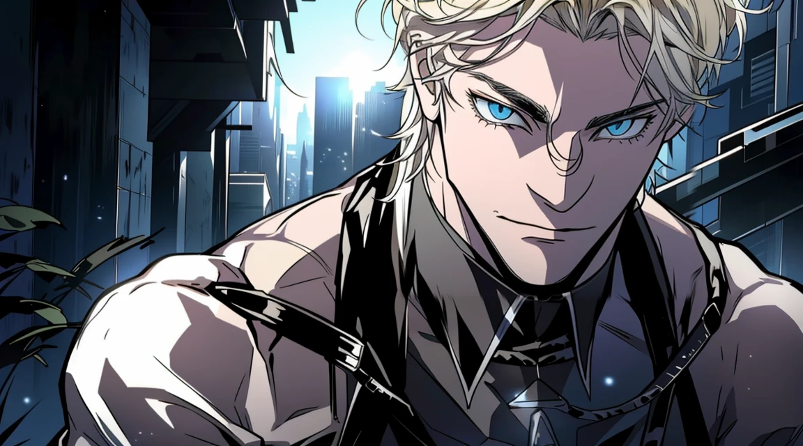 (Masterpiece, hiquality, Best Quality), (((独奏))), Mature man with blond short hair and blue eyes, short blonde hair, (((pale skin))), blue eyes, mafia leader, Classic black suit , black leather gloves, ((perfect masculine body)), a perfect face, ((male)), Mature man, Adult, 1 male, Night Neon City, contemporary, Background, Outdoor landscapes, Serene, symmetry, Detailed outfit , pixiv, sharp-focus, Photorealistic, Super detailed, Cowboy shot