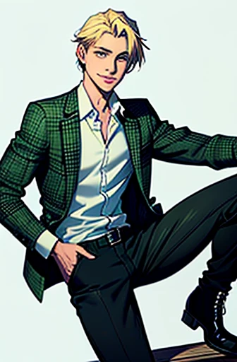 a white handsome boy with twenty years, green eyes, blonde hair, medium hair, relaxed smile, average height, lean, plaid green jacket, white shirt, black pants, black Boots, in a dynamic pose, cartoon style