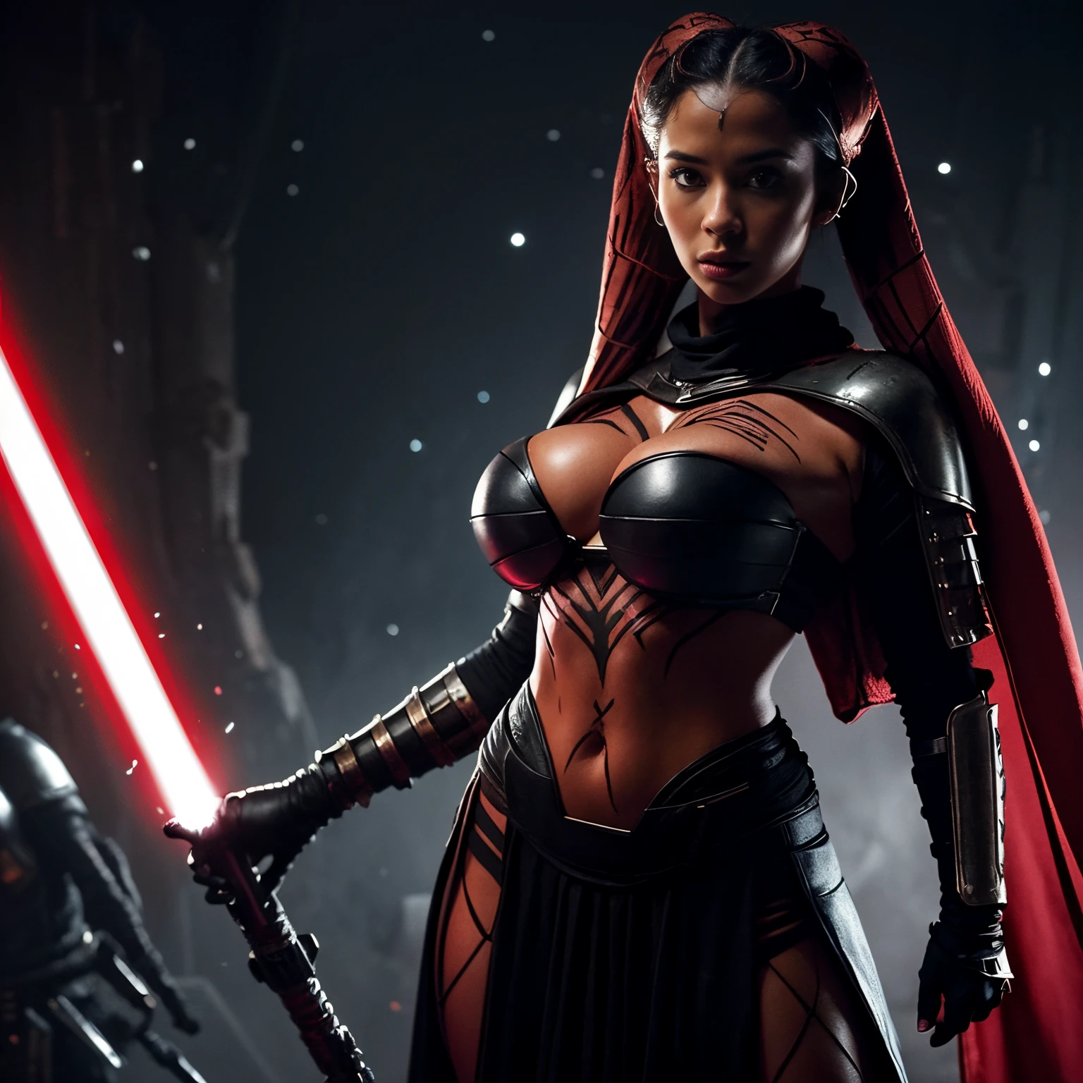 (masterpiece:1.2, best quality:1.2, beautiful, high quality, highres:1.1, aesthetic), detailed, extremely detailed, ambient soft lighting, 4K, perfect eyes, angular face, sharp features, large nose, perfect lighting, 1girl, action scene, lightsaber fighting, lasers, explosions, fire, motion lines, depth of field, masterpiece, best quality, high-definition, armor, busty, ((red skin), twi'lek), dual red lightsabers, evil space knight, space ninja, (wearing black robes, black stealth armor, breastplate, tunic, tabard, cowl, cloak, body glove, straps, buckles, skirts, long sleeves, fantasy, ((armor))), ((busty), slender body, thin, slim sexy body, slim waist, (((huge breasts, gigantic breasts)))), Imperial starship, Star Wars,
