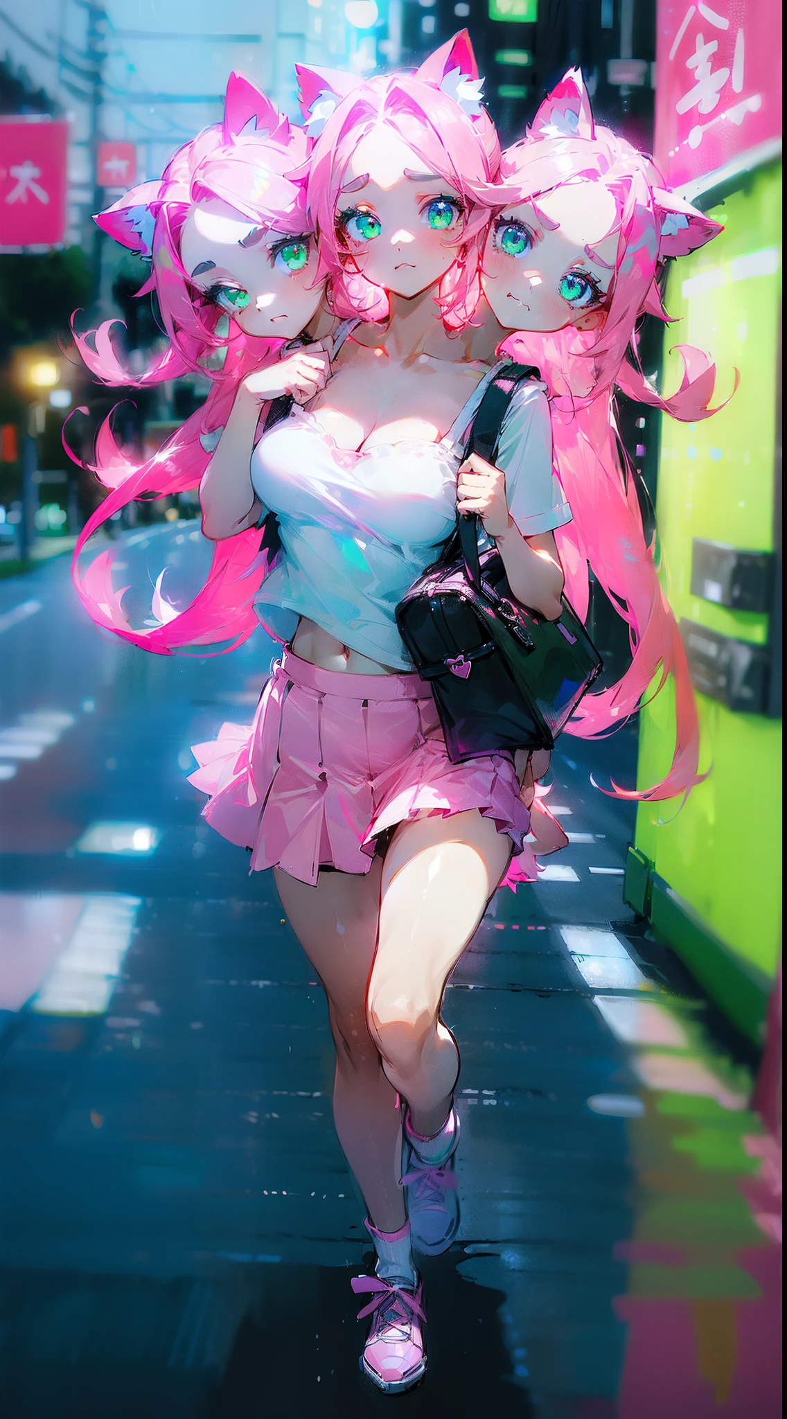 (3heads:1.7), 1girl,solo,sad face,closed mouth,white shirt,little cleavage,pink skirt,normal tits,(pink cat ears),light pink hair,mega twintail,long hair,green eyes,schoolbag,(((walking in a road on city in night))),cowboy shot