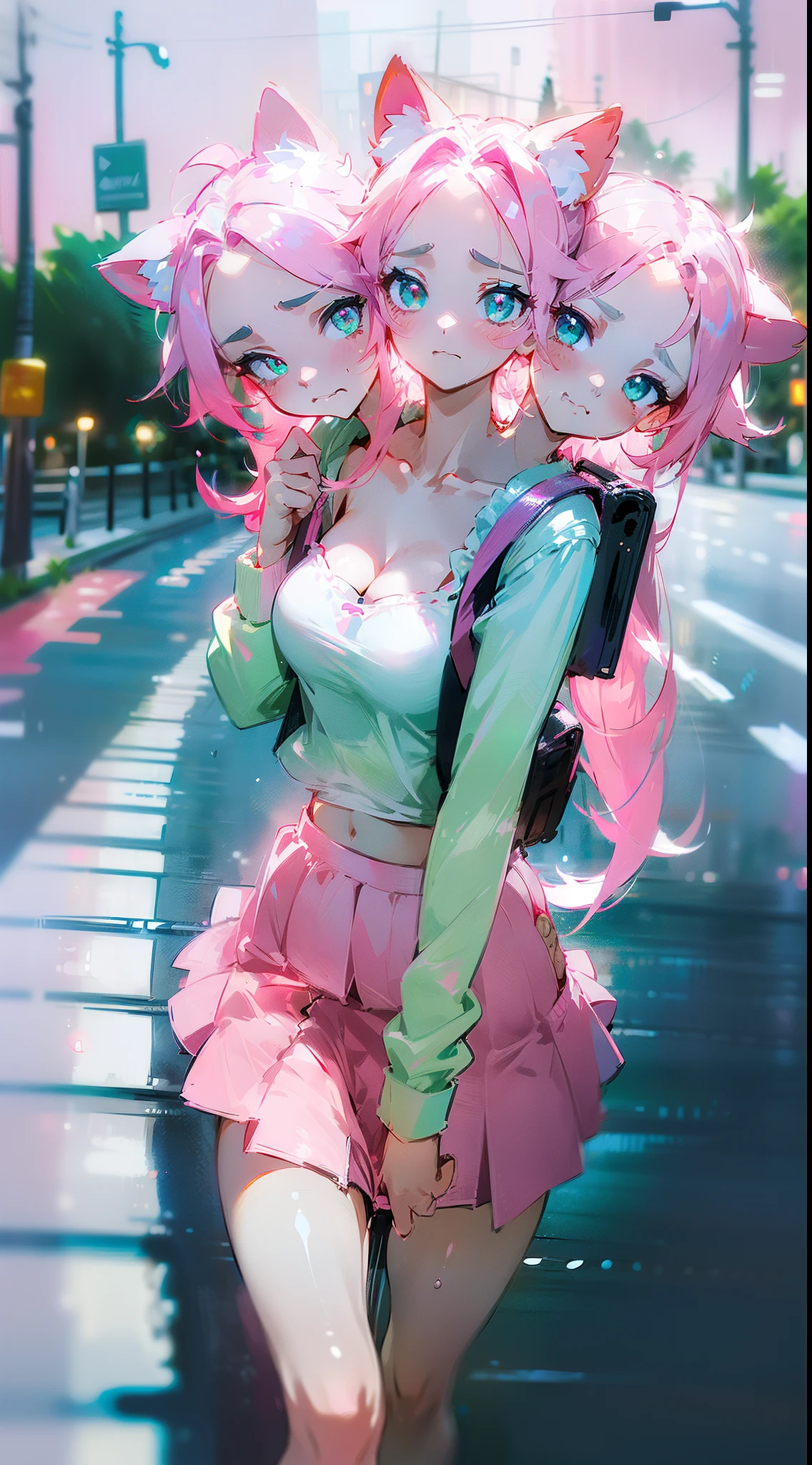 (3heads:1.7), 1girl,solo,sad face,closed mouth,white shirt,little cleavage,pink skirt,normal tits,(pink cat ears),light pink hair,mega twintail,long hair,green eyes,schoolbag,(((walking in a road on city in night))),cowboy shot