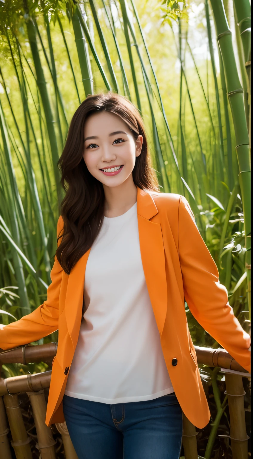On a vibrant autumn afternoon,Pictures in the highest quality 8K masterpiece1.3,Shows a 19 year old girl。She was wearing an orange blazer and skinny jeans,Sitting lightly in the bamboo forest。Sunlight shines through mottled bamboo leaves,It cast a layer of soft light and shadow on her body。Her skin looks fairer in the sun,Creates a nice contrast with the orange blazer。 From this point of view,we can see the girl's whole body。She is slim and healthy,The sportswear fits her body snugly,Showing her energetic image。Her legs spread naturally,Cross your hands at the waist,Appear confident and powerful。 The girl's eyes are bright and firm,smiling and looking into the camera,It seems to be telling a story about struggle and hard work.。Her smile is like the autumn sunshine shining in the bamboo forest,Makes people feel the vitality of youth and the vitality of life。In this picture,We seem to be able to feel her inner determination and love for life。 The surrounding bamboo forest is lush and green,The river is gurgling,Forming a dynamic picture with the girl。This scene is like a passionate poem,Telling about the beautiful time in autumn afternoon。