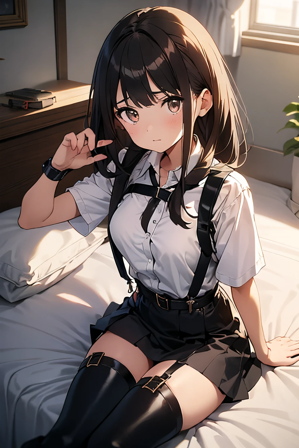 ​masterpiece、flat-colors、depth of fields、lens flare 1 girl、、Brown hair、watching at viewers　　　black suspenders　　　Bulging big breasts　　 　 　　　walls: 　Black miniskirt　garters　　　　　　Gaze　　　Small face　bangss 　　　holster　　Belt Armament　Beautuful Women　srestrained　hands up　Lying in bed　Leg holster lying on the bed　　Gaze 　Black boots