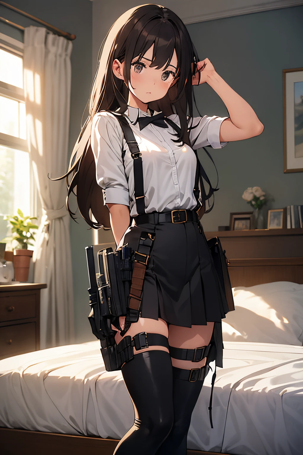 ​masterpiece、flat-colors、depth of fields、lens flare 1 girl、、Brown hair、watching at viewers　　　black suspenders　　　Bulging big breasts　　 　 　　　walls: 　Black miniskirt　garters　　　　　　Gaze　　　Small face　bangss 　　　holster　　Belt Armament　Beautuful Women　srestrained　hands up　Lying in bed　Leg holster lying on the bed　　Gaze 　Black boots
