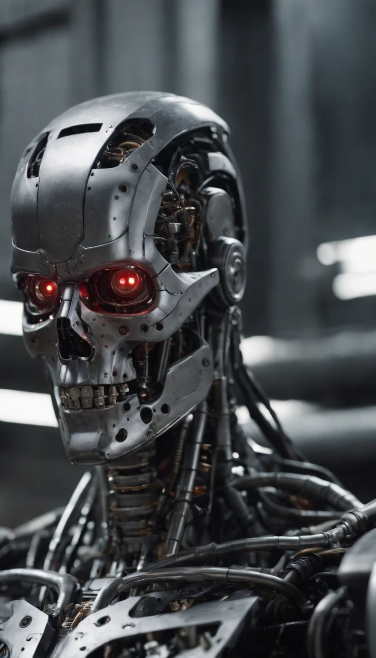 Generate a high quality image in an intricate AI Terminator made out of steel, hydraulics and computer parts, have an extensive eerie background symbolizing an aftermath of war