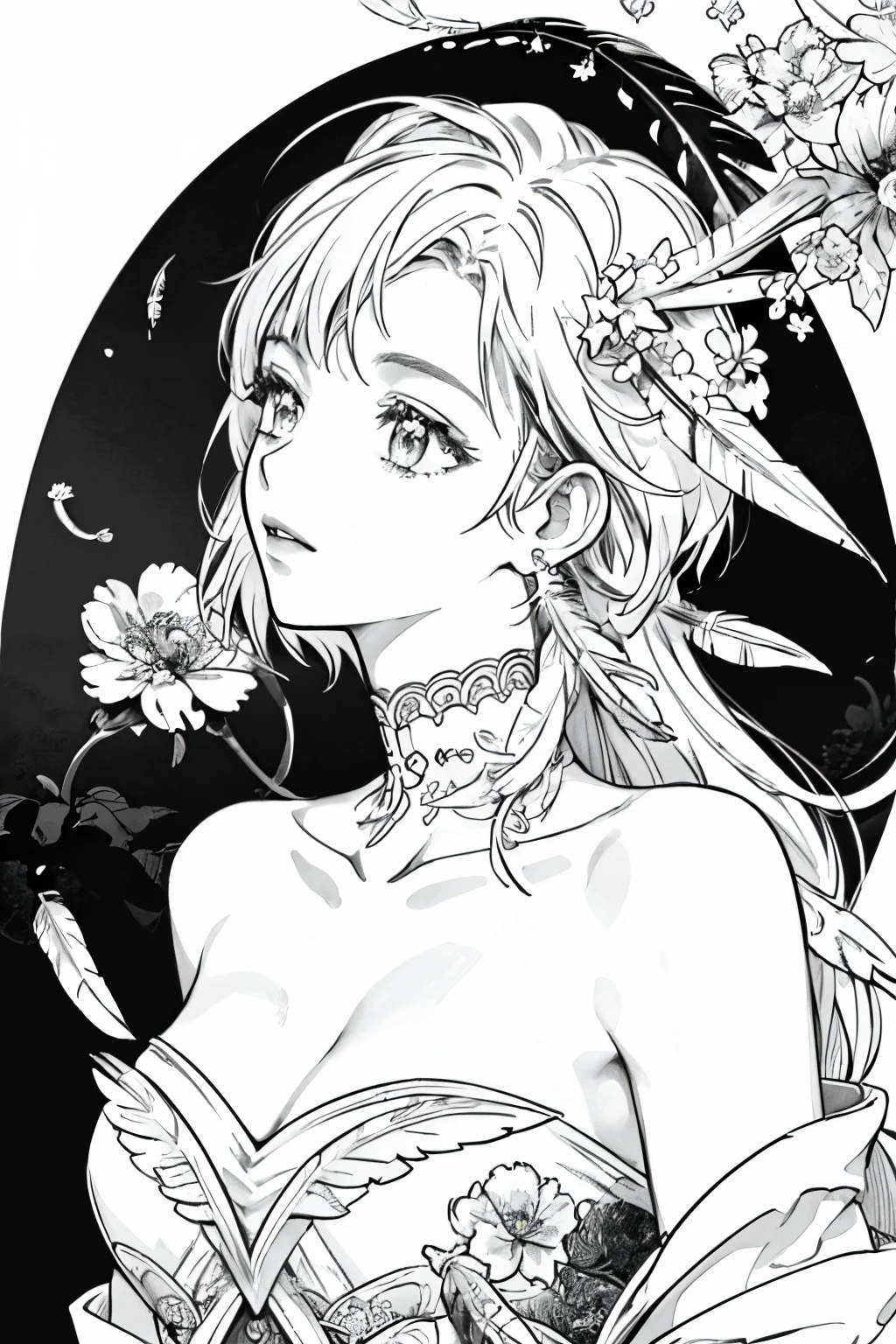 (masterpiece, top quality, best quality, official art, beautiful and aesthetic:1.2), (1girl:1.3), extremely detailed,(fractal art:1.1),(colorful:1.1)(flowers:1.3),highest detailed,(zentangle:1.2), (dynamic pose), (abstract background:1.3), (shiny skin), (many colors:1.4), ,(earrings), (feathers:1.5), nsfw:1.5, cyber sttyle girl, 1girl, solo, short hair, in nightclub ,bar, bare shoulders, BREAK, rainbow hair,long hair, breasts out:2,portrait, (from above:1.2), medium breasts, beautiful breasts, monochrome, greyscale