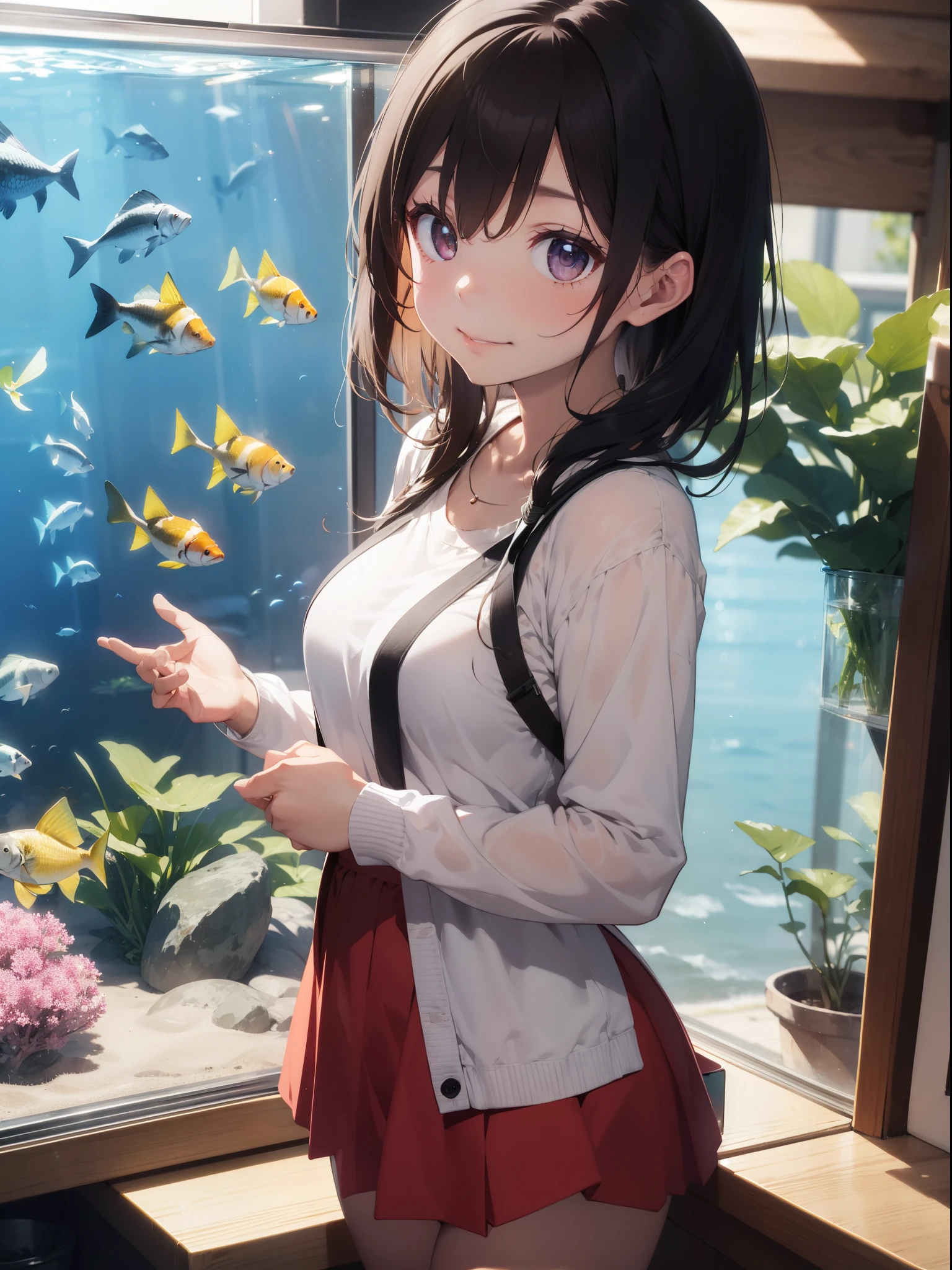 top-quality、Full limbs、complete fingers、Slender beauty、straight haired、White hair、Bob Hair、Long sideburns、a purple eye、X Hairpin、((Black Long Sleeve Knit Top))、((Red Mini Flared Skirt))、Brown pantyhose、Beautiful Large Breasts、aquariums、Huge aquarium、Inside the aquarium、School of aquarium fish、Watch the fish、A big smile