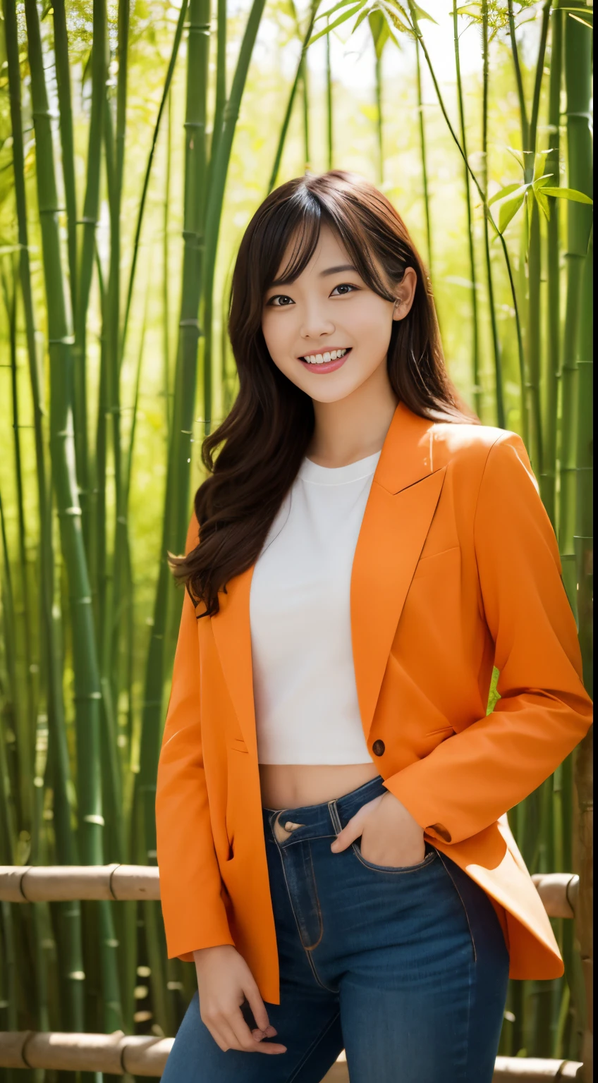 On a vibrant autumn afternoon,Pictures in the highest quality 8K masterpiece1.3,Shows a 19 year old girl。She was wearing an orange blazer and skinny jeans,Sitting lightly in the bamboo forest。Sunlight shines through mottled bamboo leaves,It cast a layer of soft light and shadow on her body。Her skin looks fairer in the sun,Creates a nice contrast with the orange blazer。 From this point of view,we can see the girl's whole body。She is slim and healthy,The sportswear fits her body snugly,Showing her energetic image。Her legs spread naturally,Cross your hands at the waist,Appear confident and powerful。 The girl's eyes are bright and firm,smiling and looking into the camera,It seems to be telling a story about struggle and hard work.。Her smile is like the autumn sunshine shining in the bamboo forest,Makes people feel the vitality of youth and the vitality of life。In this picture,We seem to be able to feel her inner determination and love for life。 The surrounding bamboo forest is lush and green,The river is gurgling,Forming a dynamic picture with the girl。This scene is like a passionate poem,Telling about the beautiful time in autumn afternoon。