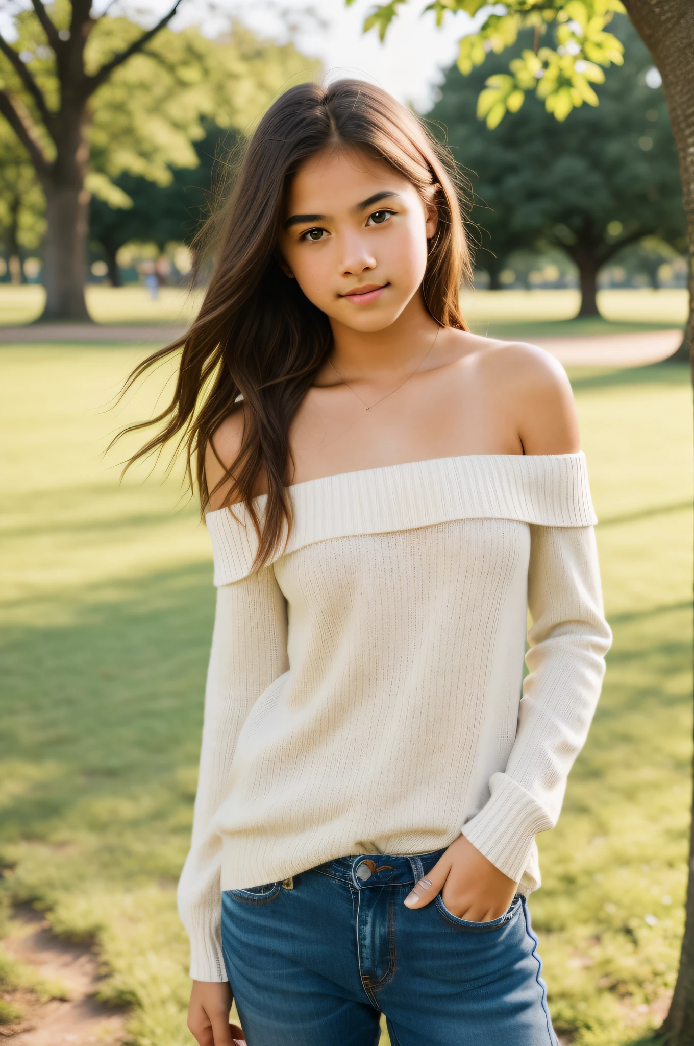 photo-realistic: 1.2, high resolution, ultra quality, sharp focus, intricate detail, 8k resolution, (raw color), full shot photo of  girl wearing a semi fitted cotton white off the shoulder sweater, causal blue ripped denim jeans, medium light brown, tan skin skin, parted lips, golden hour, film grain in the park, trees, grass, 35mm, f/2.8, photographed by Cannon