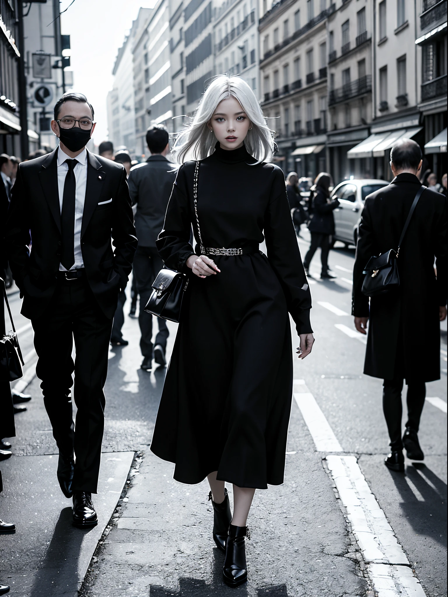 1 female focused, swedish woman model walking down a busy city street in a dress, proportion of fashion models, a black and white photo, in Paris, standing in Paris, (paparazzi), street photography style, shot on Leica summilux 35mm, (lens flare), CHANEL advertising, kodak 400tx, mesmerizing, ((black and white photography)), (low key)