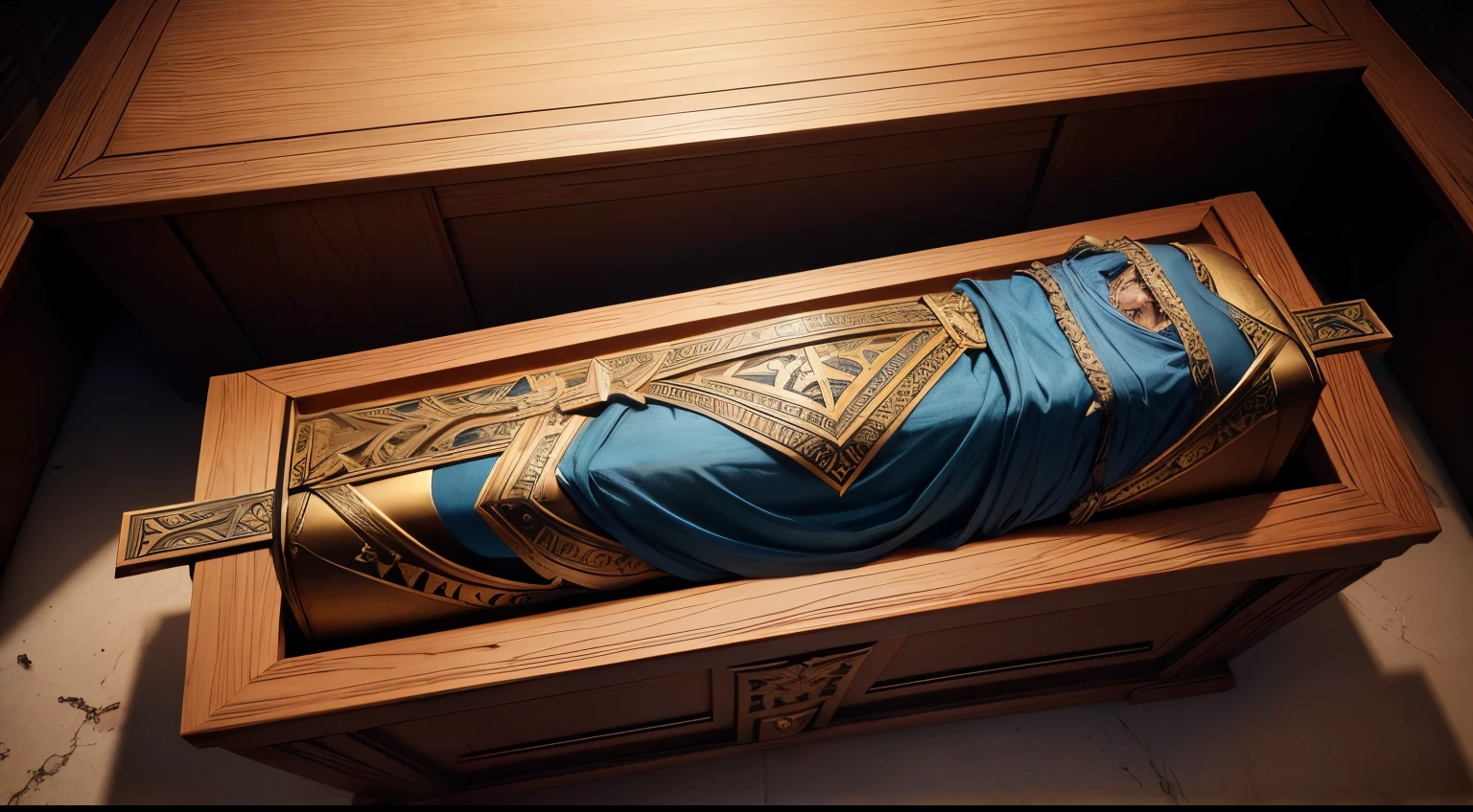 A haunting scene unfolds as the lifeless body of Hector, the brave Greek warrior, lies inside a coffin, viewed from above. The intricate details of the coffin's design and the stillness of Hector's body create a powerful image that evokes both sorrow and admiration