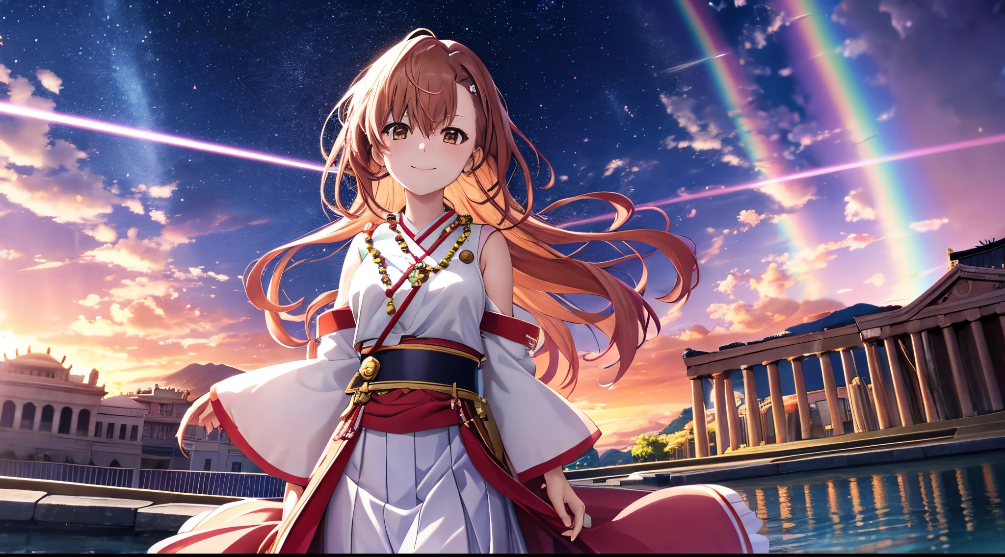 Anime view of Misaka mikoto, 1girl, kawaii, solo, chestnut hair, hairpin,brown eyes, standing, looking at viewer,smile,saint robe with beads,praying beads on neck, long skirt,white marbled greek Acropolis waterfalls,rainbow clouds,anime style,deep depth of field,wide angle view,Lumen Reflections,Screen Space Reflections,Diffraction Grading,Chromatic Aberration,GB Displacement,Scan Lines,Ray Traced,Anti-Aliasing,FXAA,TXAA,RTX,SSAO,Shaders,OpenGL-Shaders,GLSL-Shaders,Post Processing,Post-Production,cell Shading,Tone Mapping,CGI,VFX,SFX,insanely detailed and intricate, 4K