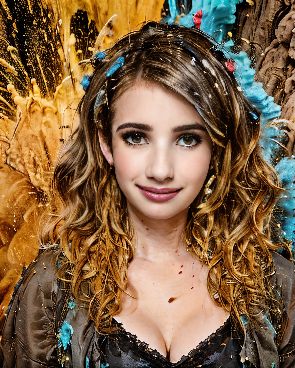 ((2mm1r4b2rts, Emma Roberts)),master part,best quality,intrincado,aesthetic,Rosto detalhado,Subsurface scattering,Olhando para o Viewer,
1girl,foto de uma ****** bonito,corpo inteiro,Sorriso leve,encantador,20 anos,cabelo twintails.crew cut,Steel Gray Hair,colorido,splatter de tinta,Tecelagem,pano, BigFaketits, seios grandes