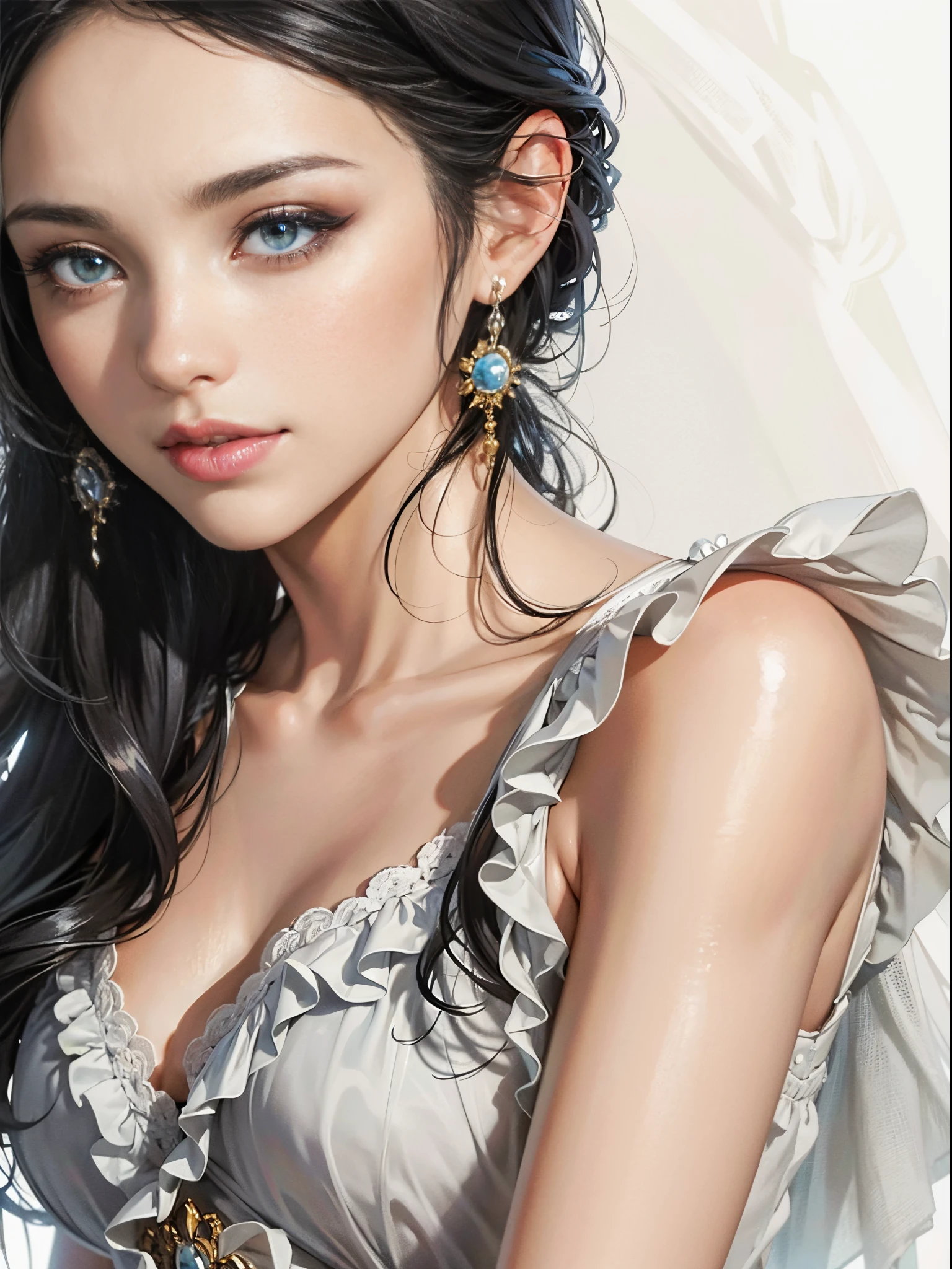 Her black hair, posh, wavy, Gracefully landed on her shoulders，flowed gently over her face, Give it a touch of charm, 8K, ultra - detailed, pretty eyes, Fashion illustration