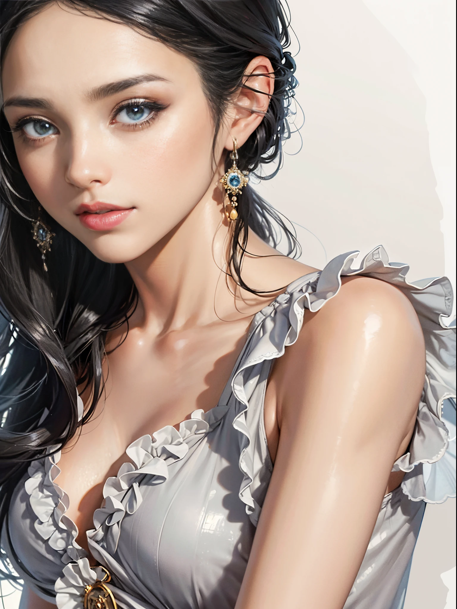 Her black hair, posh, wavy, Gracefully landed on her shoulders，flowed gently over her face, Give it a touch of charm, 8K, ultra - detailed, pretty eyes, Fashion illustration