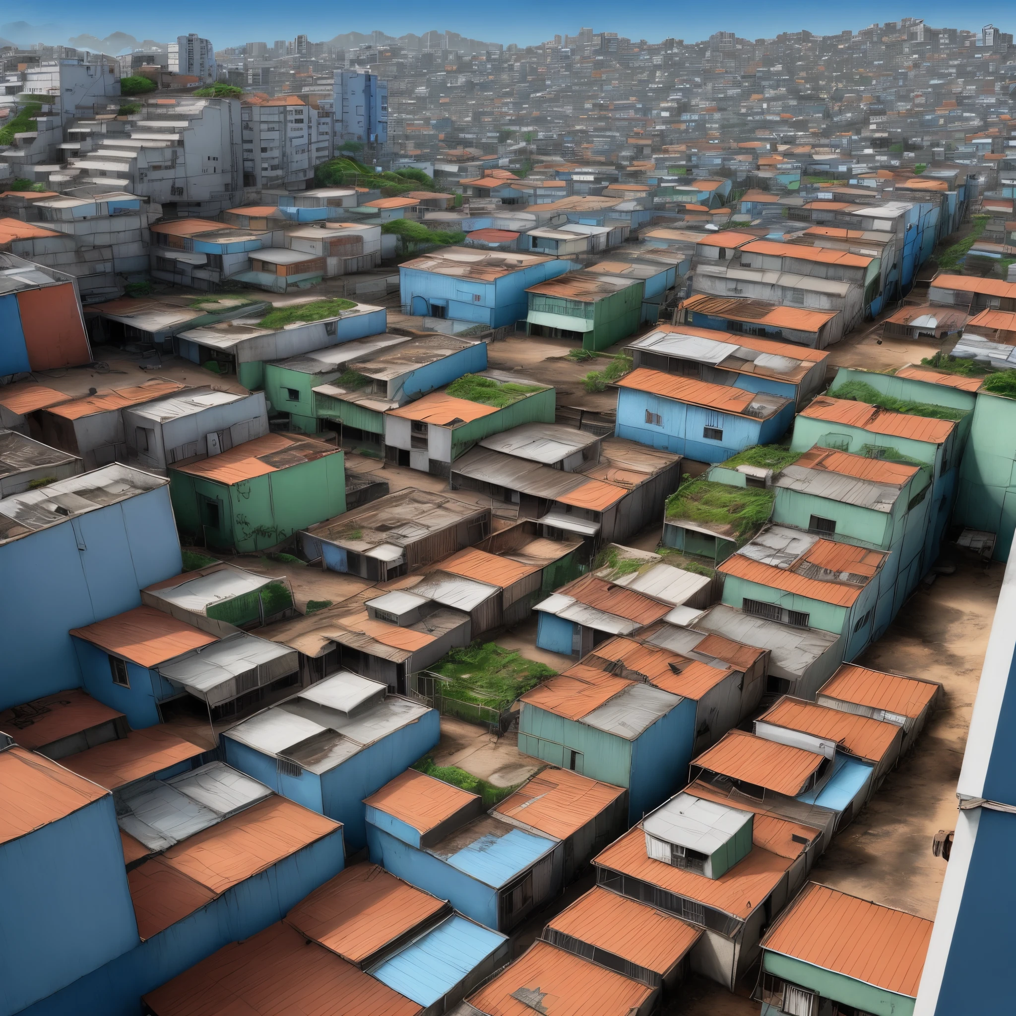 Favela surrealista em azul, preto e vermelho