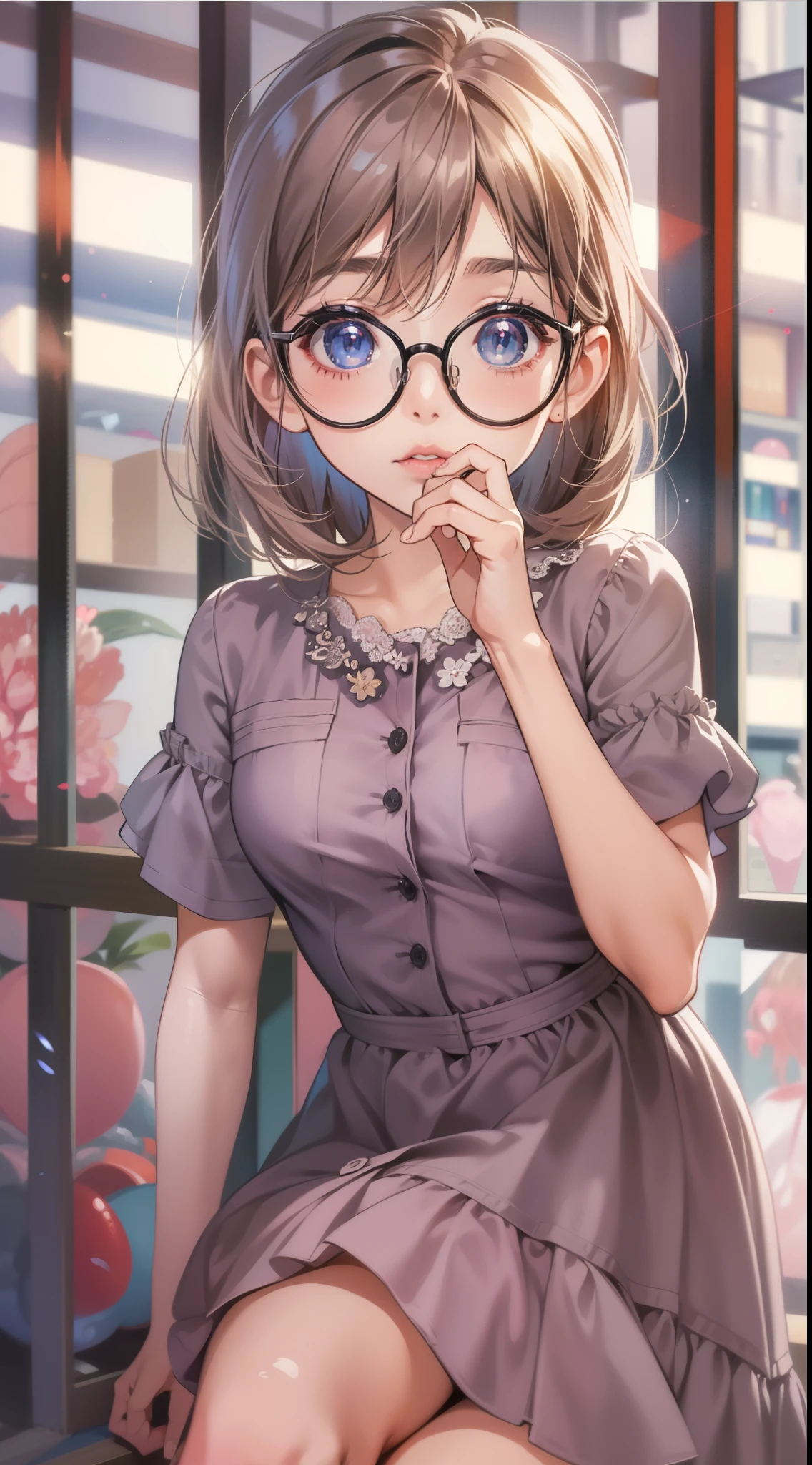 Anime - A woman in a silk dress and glasses takes a photo, small curvy loli, a hyperrealistic schoolgirl, a hyperrealistic schoolgirl, loli in dress, Cute anime waifu in a nice dress, Smooth Anime CG Art, anime highly detailed, Seductive Anime Girl, with glasses, photorealistic anime girl render, Detailed Digital Anime Art