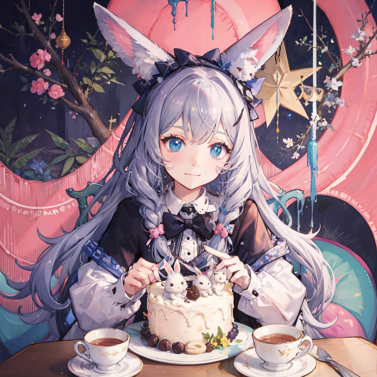 (Cute illustration:1.5), Surrounded by cute bunnies , Cute little girl with rabbit ears, Hair color is pink , Blue pastel color outfit、Hug a fluffy white rabbit、tea parties、a cake、 macaroons、donut、cookies、black tea、cute little、Cute 、Dolce、fluffly、Dolce、Pale shades