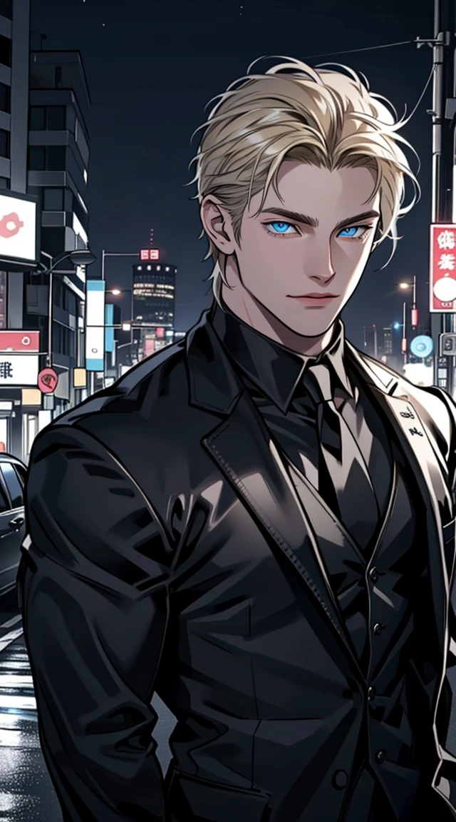 (Masterpiece, hiquality, Best Quality), (((独奏))), Mature man with blond short hair and blue eyes, short blonde hair, (((pale skin))), blue eyes, mafia leader, Classic black suit , black leather gloves, ((perfect masculine body)), a perfect face, ((male)), Mature man, Adult, 1 male, Night Neon City, contemporary, Background, Street landscapes, Serene, symmetry, Detailed outfit , pixiv, sharp-focus, Photorealistic, Super detailed, Cowboy shot