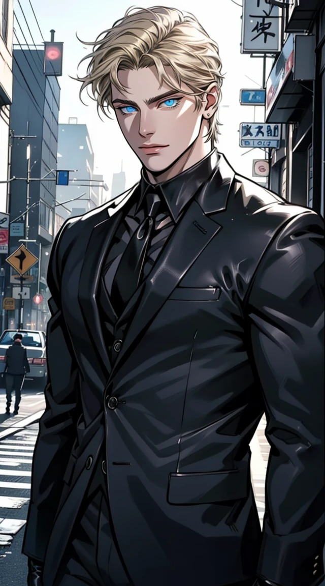 (Masterpiece, hiquality, Best Quality), (((独奏))), Mature man with blond short hair and blue eyes, short blonde hair, (((pale skin))), blue eyes, mafia leader, Classic black suit , black leather gloves, ((perfect masculine body)), a perfect face, ((male)), Mature man, Adult, 1 male, Night Neon City, contemporary, Background, Street landscapes, Serene, symmetry, Detailed outfit , pixiv, sharp-focus, Photorealistic, Super detailed, Cowboy shot