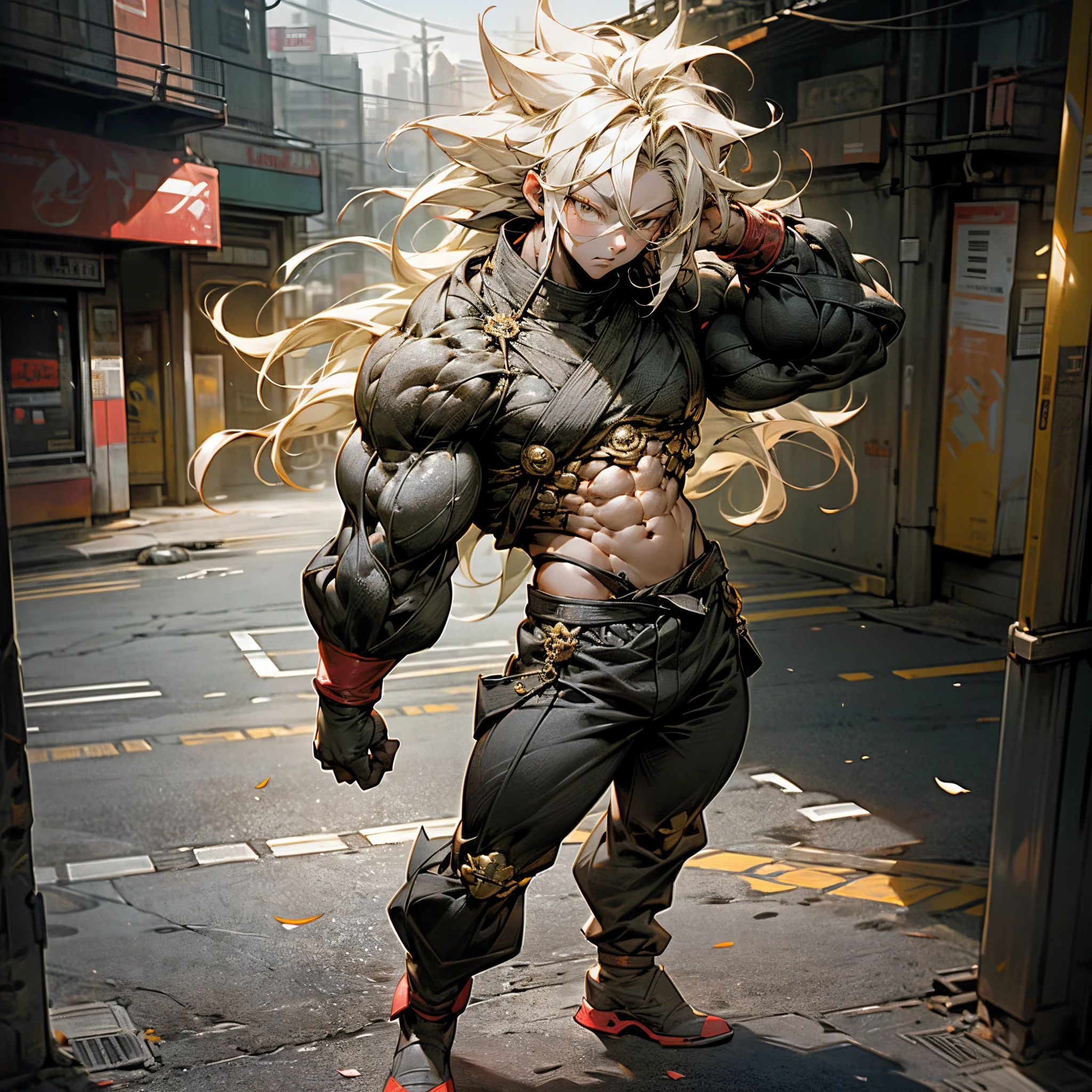 1 boy,((full body:1.2)),(stand),SAIYA,(looking at viewer),(white eye:1.2),super saiyan,(glowing hair:1.2),(urban setting:1.3),(male focus:1.1),(male muscles:1.1),(big muscle:1.1),(pectoral:1.1),(abdominal muscle:1.1),(upper body nudity:1.1),