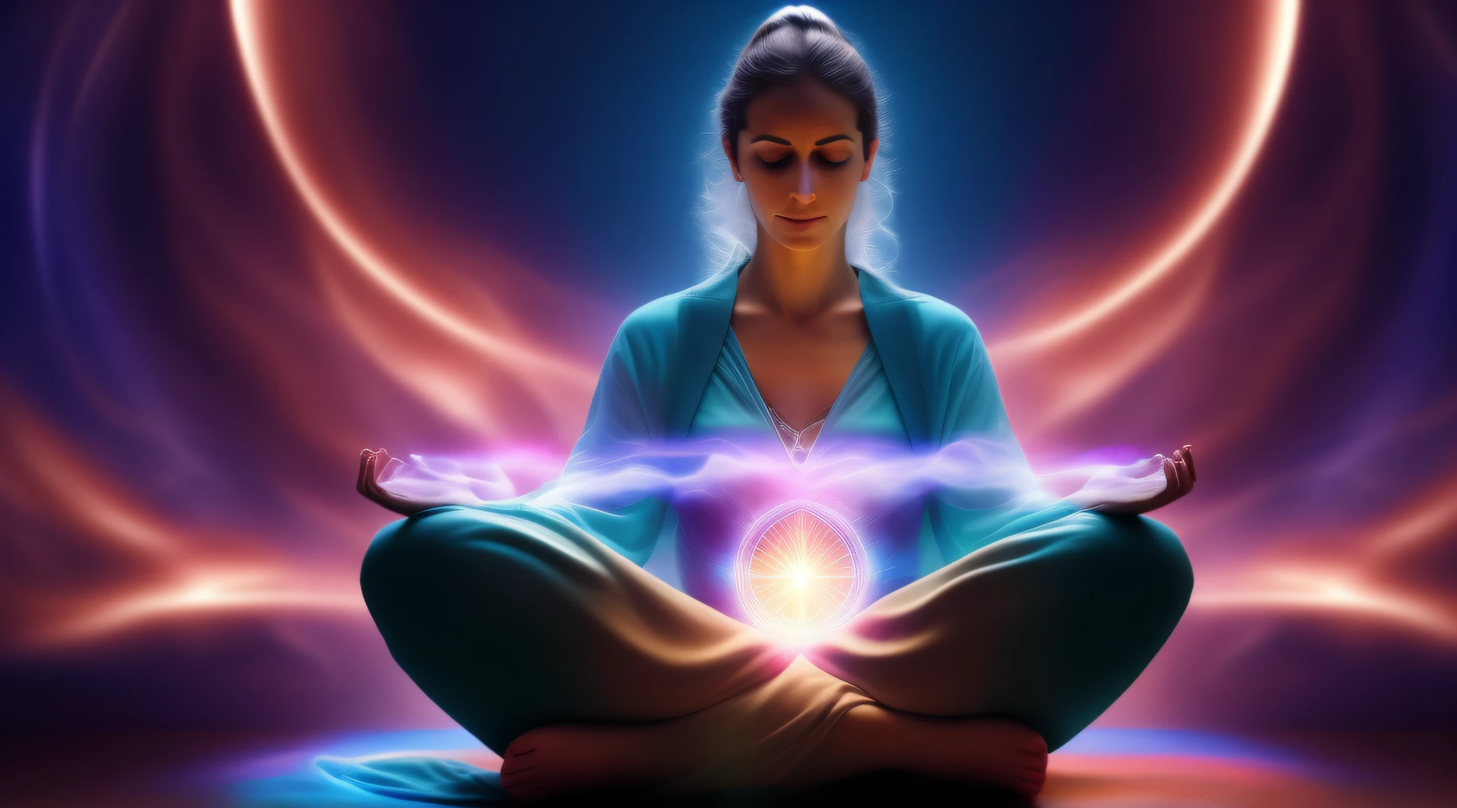 a woman sitting in meditation position with a glowing heart, spiritual lighting, emitting psychic powers, irradiando uma aura brilhante, powerful woman sitting in space, emanando com aura azul, kundalini energia, channeling mystical energy, emanating and flowing energy, uma mulher segurando um orbe, irradiando energia de renascimento, elven spirit meditating in space