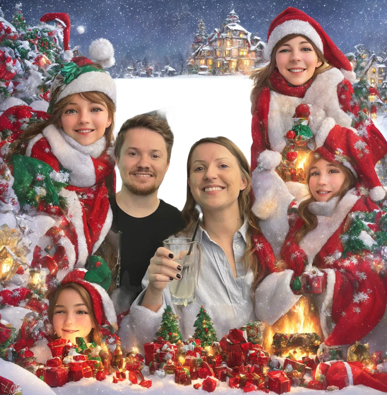 A Christmas-themed background,  (best quality, highres, ultra-detailed), exquisite snowy landscape, cozy warm lighting, cheerful atmosphere, vibrant colors, sparkling decorations, festive ornaments, joyful people celebrating, Santa Claus with a big bag of gifts, beautifully decorated Christmas tree, children playing in the snow, cozy fireplace with crackling fire, happy faces with smiles and twinkling eyes, snowflakes gently falling, peaceful and magical ambiance, holiday spirit and happiness filling the air. [Painting]