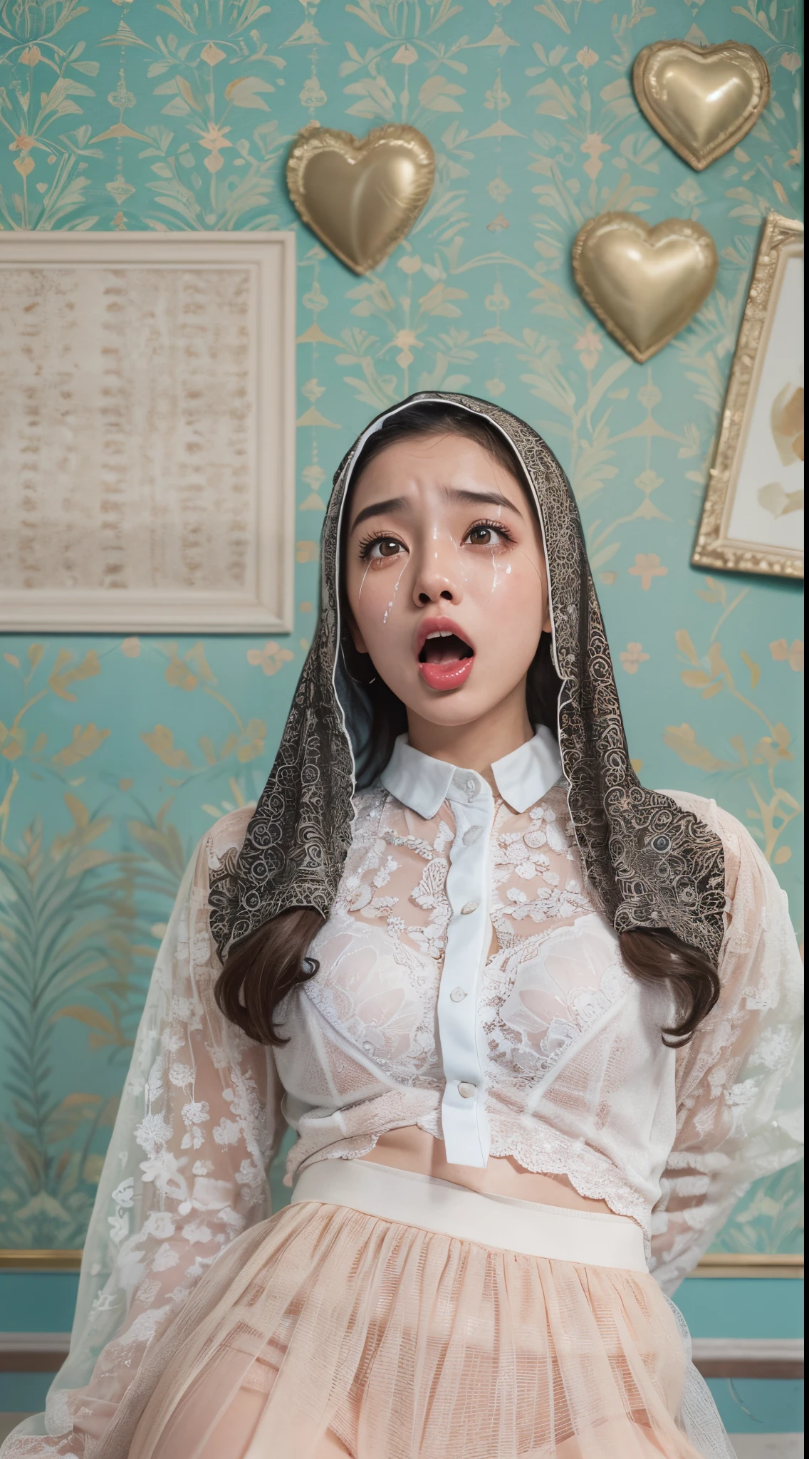 Vogue style photo shoot of malay age girl (Masterpiece: 1.4), (Best quality: 1.4), 8K, HD, ultra clear,1 malay girl in hijab kneeling,(big breasts:1.4),(Heart-shaped pupil:1.3),(Tongue out:1.2),scared:1.3,(cry:1.4),Bare abdomen,White lace underwear,Skirt,(Looking up)with pastel colored background in Wes Anderson style, hyper - realistic photography, Wes Anderson style, full body, 8k, close - up shot, extreme close - up photo